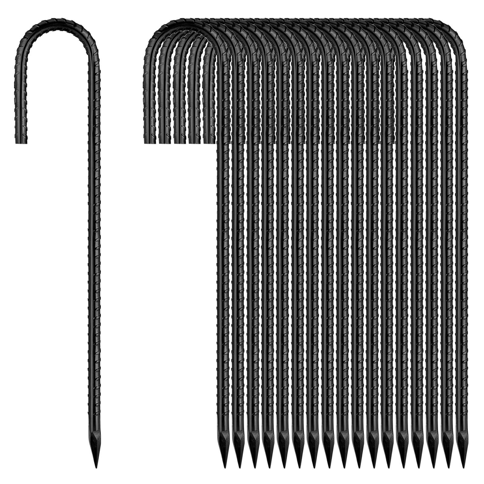 Ground-Stakes-Heavy-Duty-12 inch, J-Hook Rebar Stakes Black Coated Anti-Rust 50pcs Garden Stakes Metal Ground Anchors for Garden Dog Fence Chicken