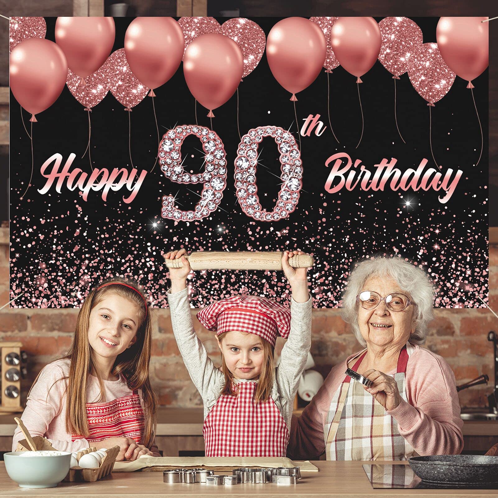 90. Geburtstag Deko-Set – Rose Gold Mit Blumen-Hintergrund, Banner & Ballons – Für Partys & Feiern