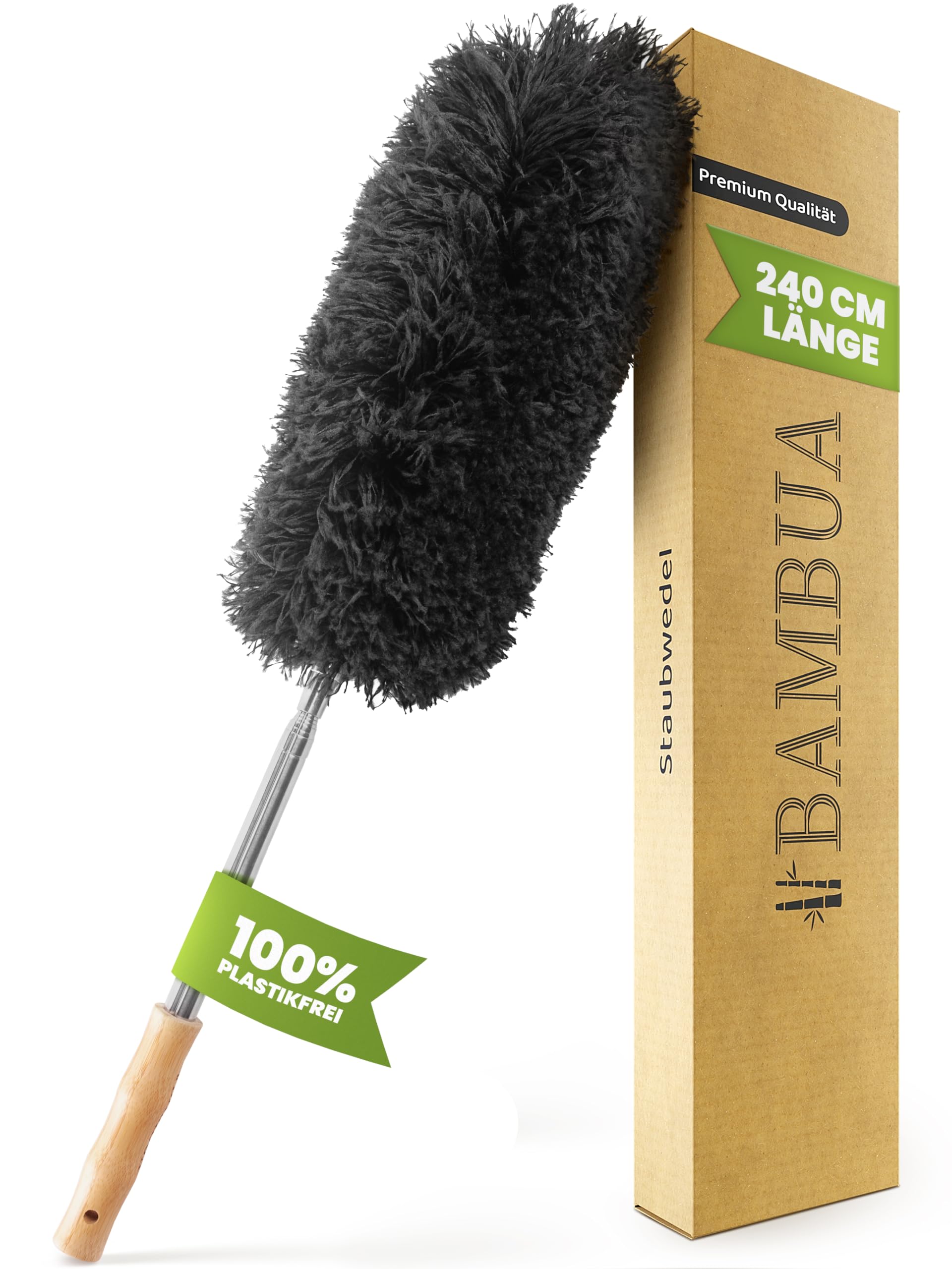 Feather Duster Extendable - (Premium Quality) Multi-Purpose Extendable Duster for Cleaning the Home - Washable - Natural Bamboo Handle (Eco-Friendly) - Telescopic Long Handled Duster (240 cm)