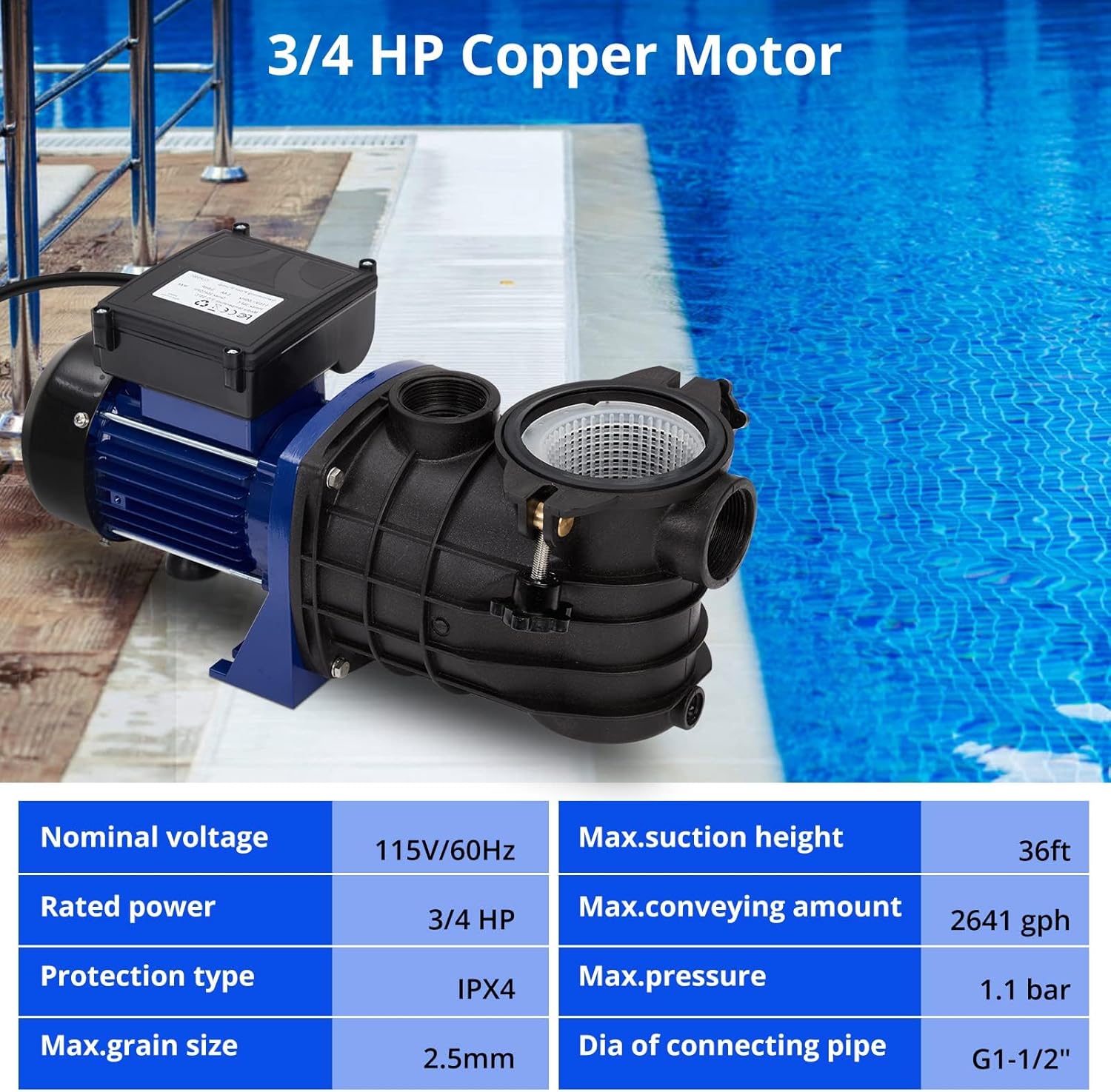 3/4HP Pool Pump for Above Ground and Inground Pool, Low Noise Swimming Pool Pump with 2641GPH & 36Ft Max Suction Height, 550W Utility Pump with Strainer Basket, for Garden, Pool, Irrigation