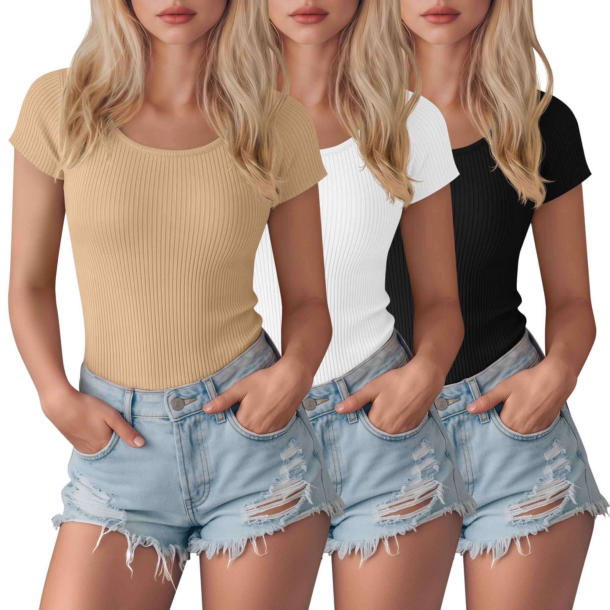 JoyMotion 3 Pack Women's Short Sleeve Bodysuit Ribbed Crew Neck T Shirts Cotton Leotards Summer Basic Slim Fit Body Suit Tops