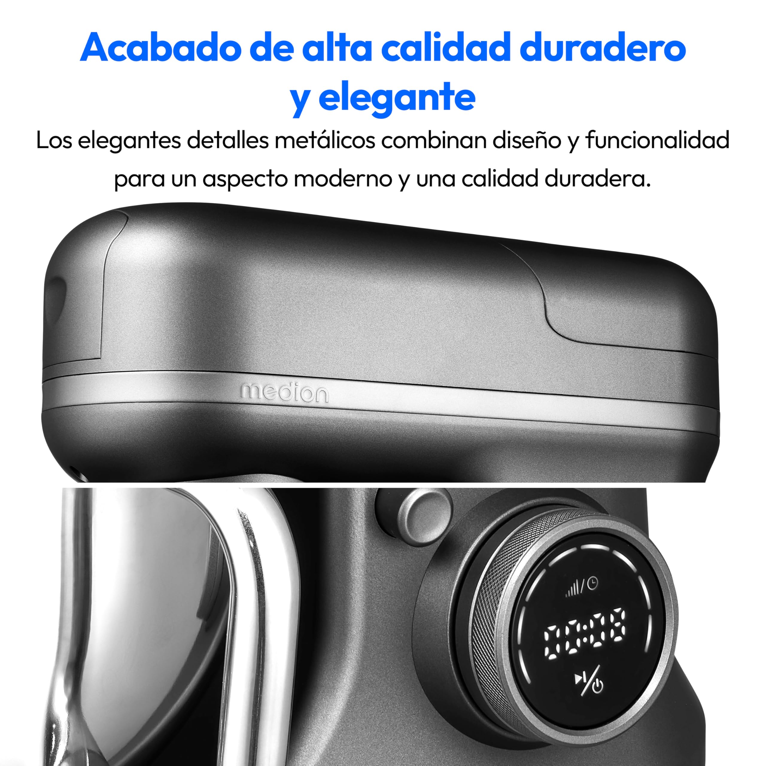 Procesador de alimentos universal MEDION 3 en 1 (digital, 1.200 vatios, 8 niveles, mezclar amasar batir mezclar picadora, bol para preparar helados, pantalla táctil digital, MD18430) Titanio