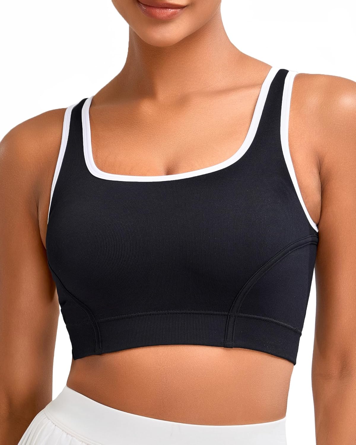 RUNNING GIRL Sports Bras for Women High Support,Seamless Ribbed Longline High Neck Sports Bra Racerback Padded Crop Top Yoga Medium C-black