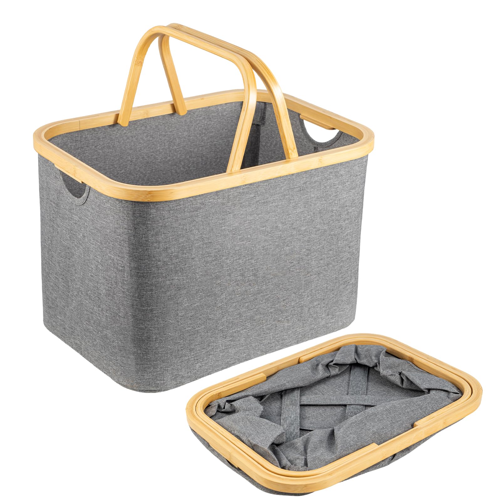 Foldable Laundry Basket 43L with Bamboo Handles Collapsible Hamper