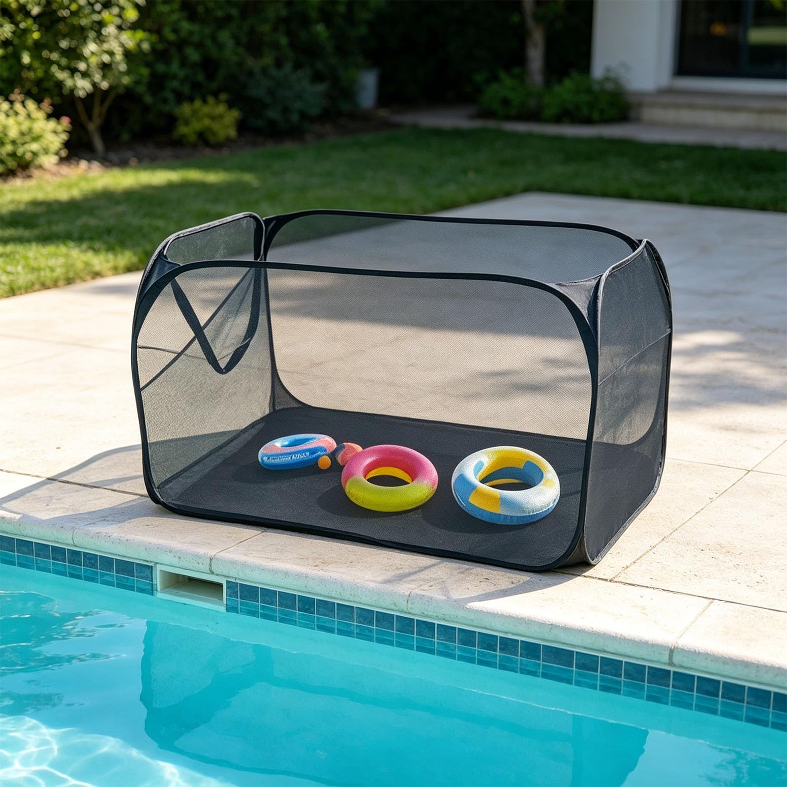 Red de almacenamiento multiusos ventilada junto a la piscina para natación | Soporte para equipo de natación con anclajes de suelo para trajes de baño húmedos y accesorios de agua