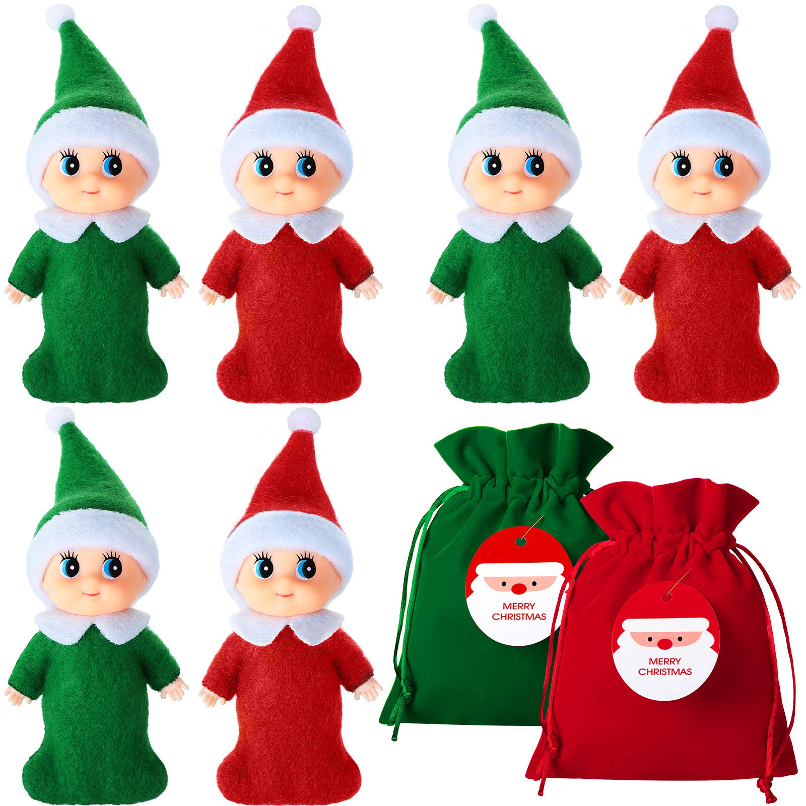 6 Pieces Little Christmas Elves Colorful Elf Doll Elf Twins Baby with Velvet Bag Elf Accessories for Xmas New Year Advent Calendar Christmas Stocking Stuffer (Red, Green)