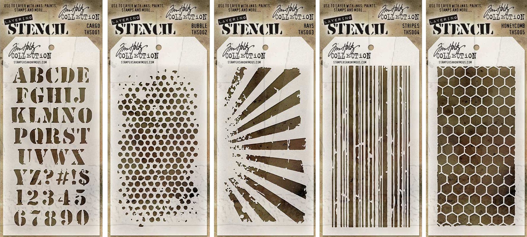 Tim Holtz Stencils Set - #1 to #5 - Cargo, Bubble, Rays, Stripes & Honeycomb - 5 Item Bundle