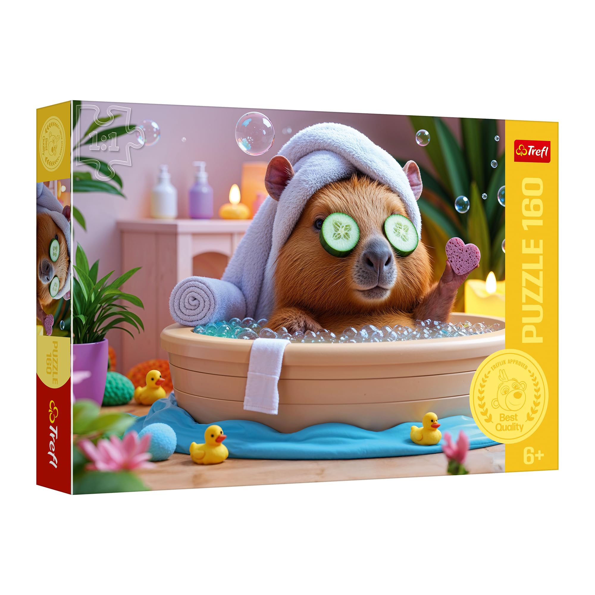 Trefl - The Treflik Family, Kapibara w SPA - Puzzle 160 Elementów - Kolorowe Puzzle z Kapibarą w Domowym SPA, Kreatywna Rozrywka, Zabawa dla Dzieci od 6 lat