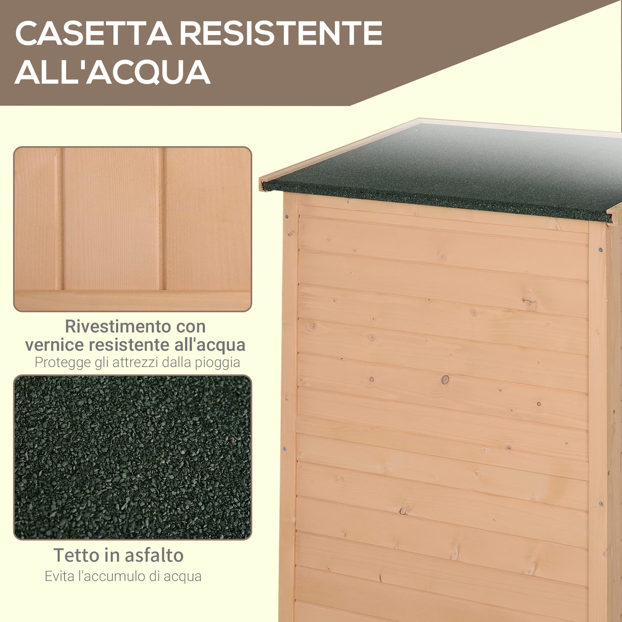 Outsunny Casetta da Giardino in Legno con Tetto Impermeabile, Armadio Porta Attrezzi da Esterno con 2 Mensole, 75x56x115cm, Colore Legno