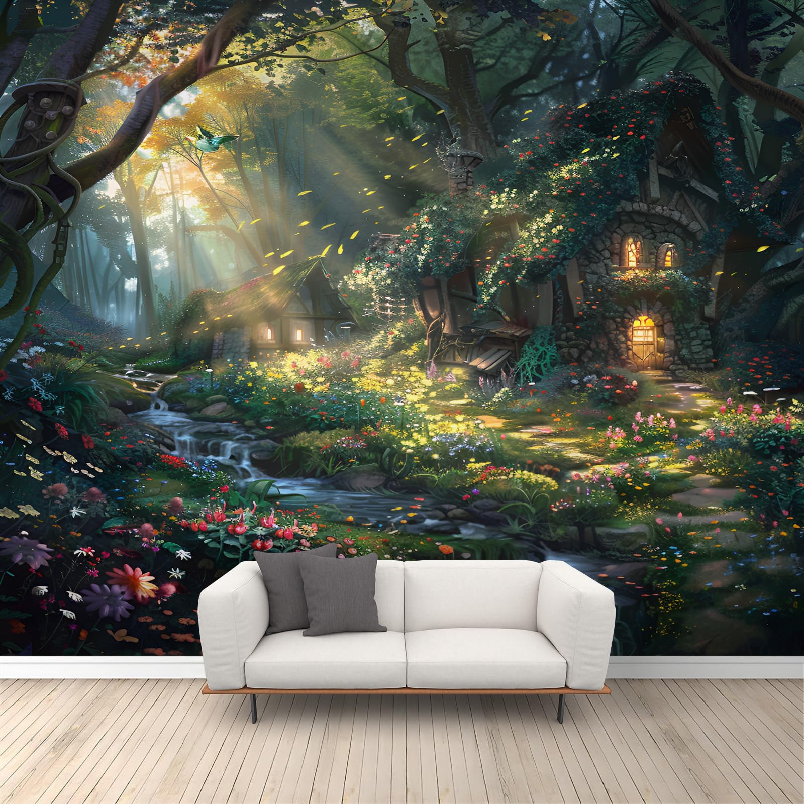 Fantasy Wonderland Murals Enchanted Forest Cottage Wall Mural Sunshine Forest Mural Colorful Floral Natural Scenery Wallpaper for Bedroom Dining Room 350 x 256 cm