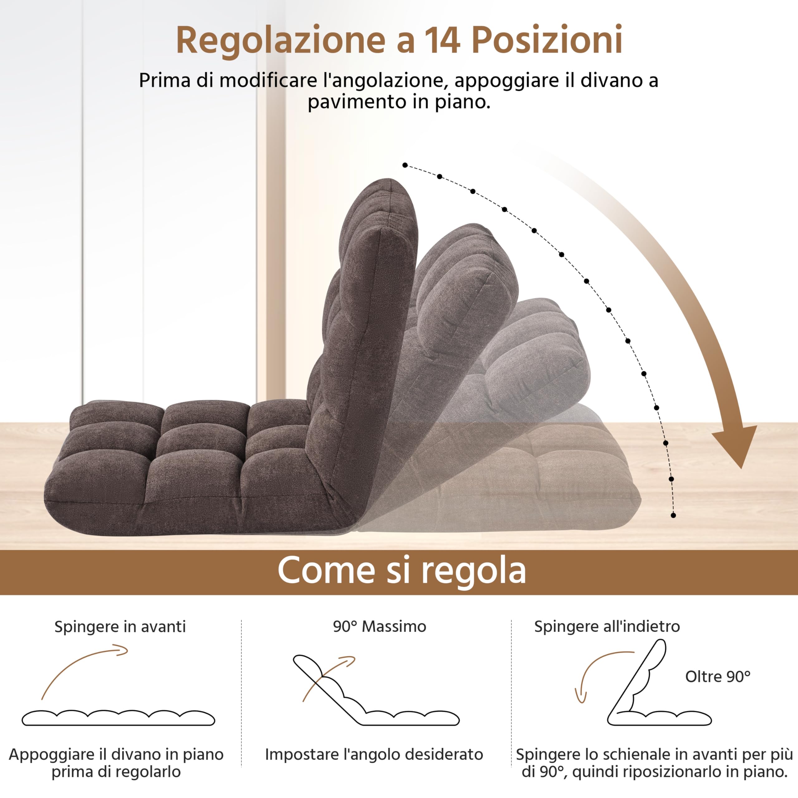 Yaheetech Poltrona da Terra Schienale Reclinabile 14 Posizioni da 90° a 180° Sedia Imbottita Relax da Pavimento Pieghevole Divano Lazy per Soggiorno Lettura Yoga Casa Ufficio Meditazione Marrone | Marrone, 14 Posizioni Regolabili da 90° a 180°, Perfetta p