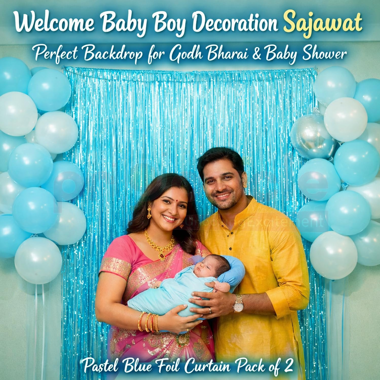 Propsicle Pastel Blue Foil Fringe Curtains Welcome Baby Boy Decoration 3