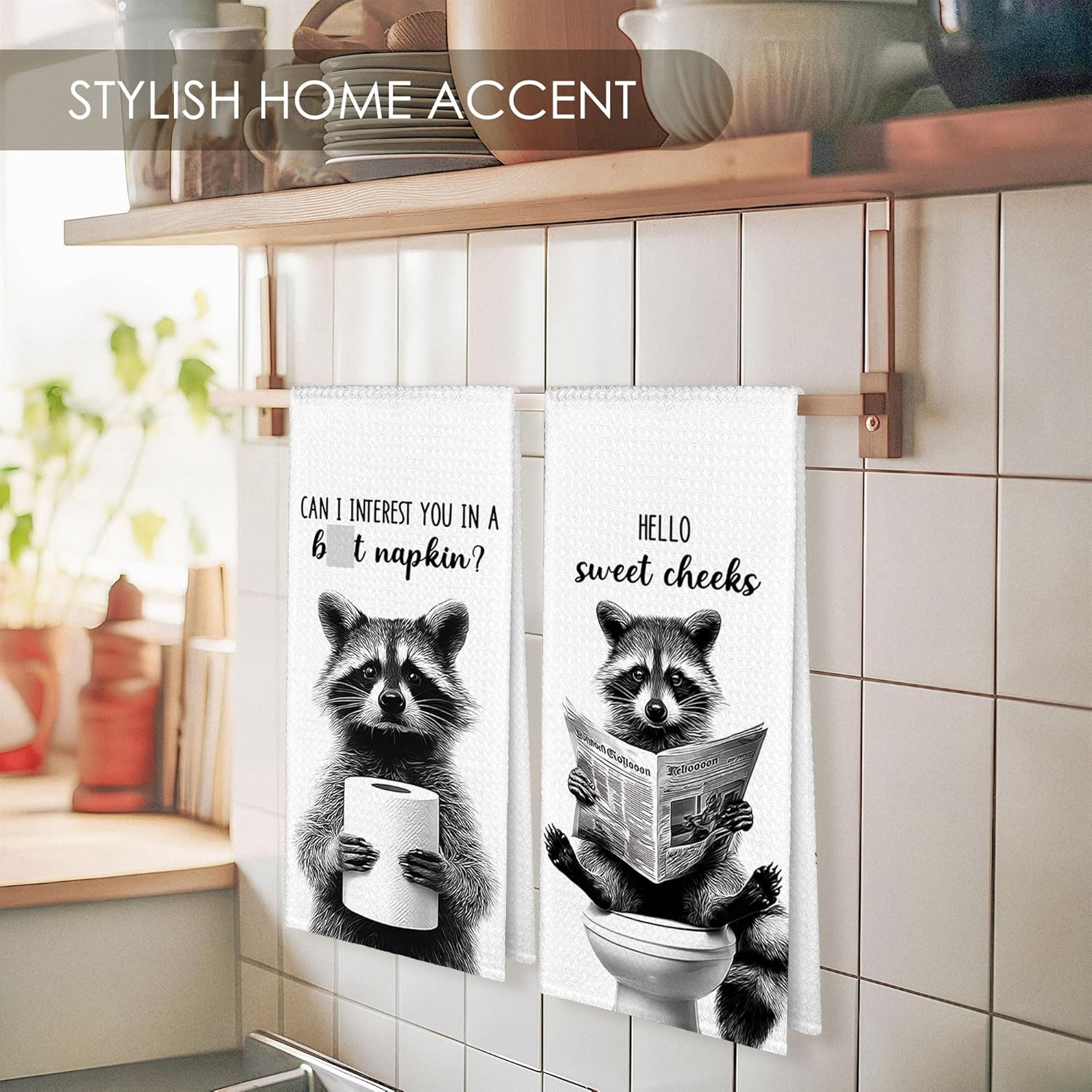 Funny Raccoon Bathroom Towel Gifts Decorative Set of 2, Hello Sweet Cheeks Hand Towel for Bathroom Kitchen Decor, Raccoon Waffle Weave Microfiber Dish Towels Dishcloths Tea Towels 16x24 - Image 2