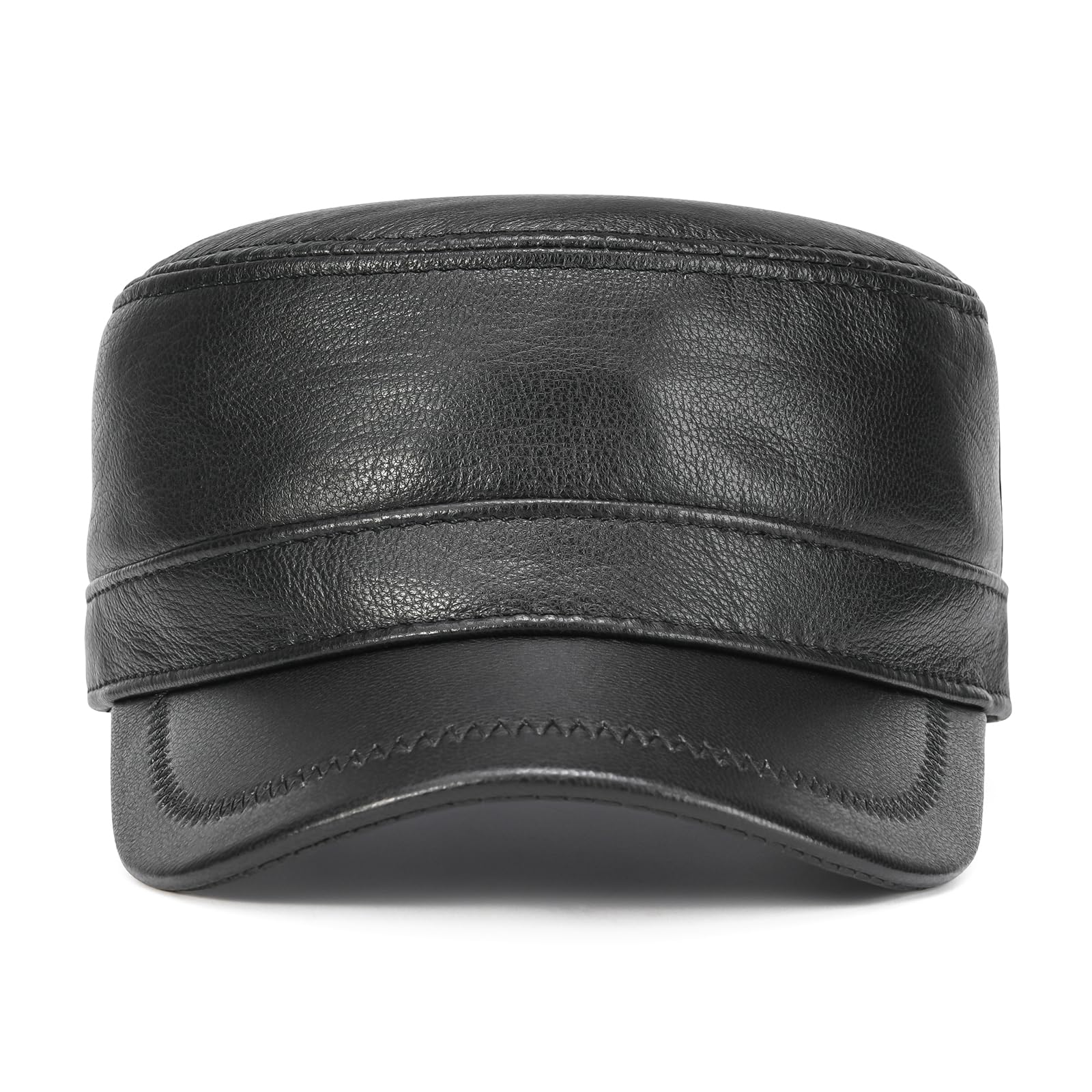 VOBOOM Leather Cadet Army Cap Adjustable Flat Top Military Style Hat for Men (Black)