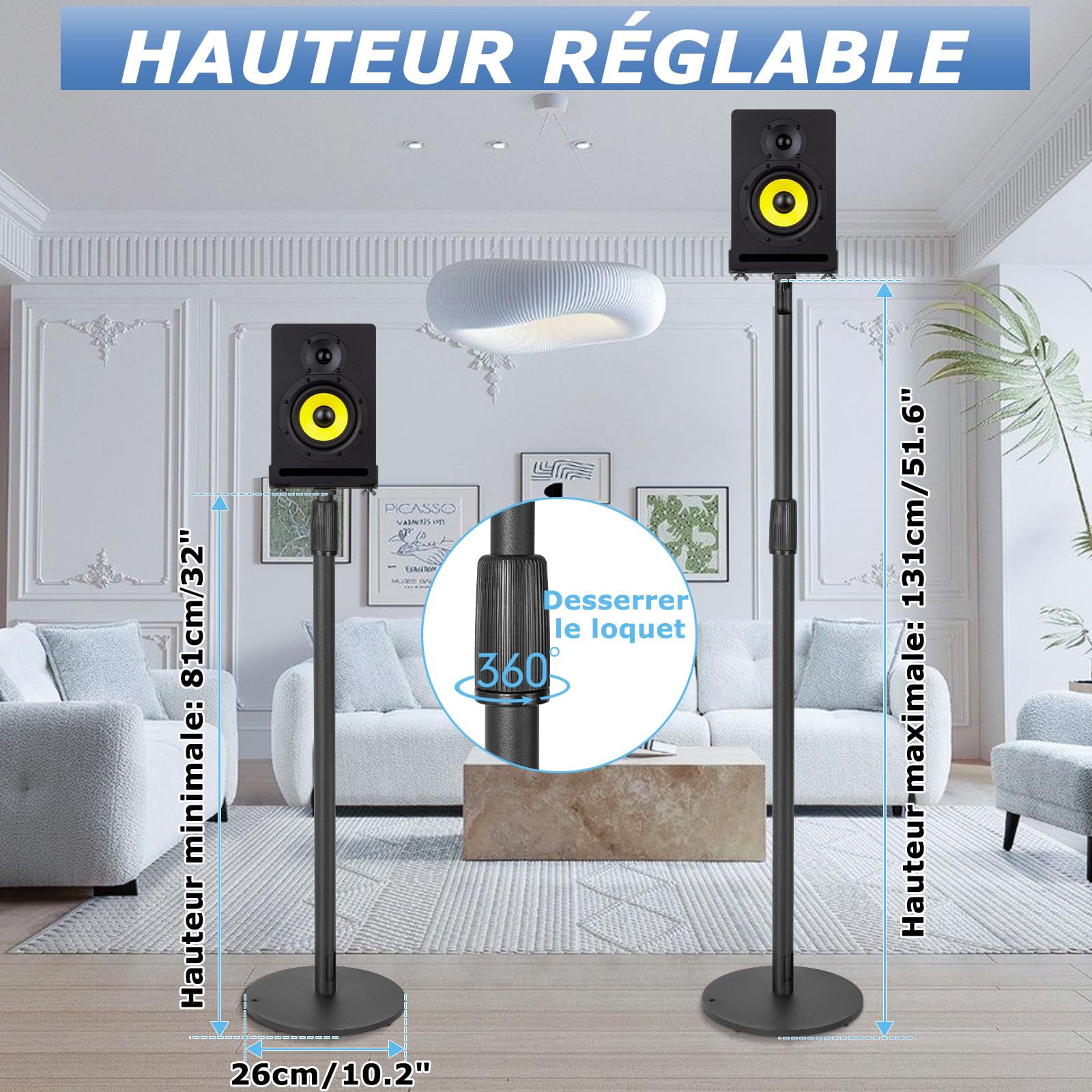 OUUTMEE Lot de 2 Supports d'Enceinte Réglable en Hauteur de 79 à 130CM