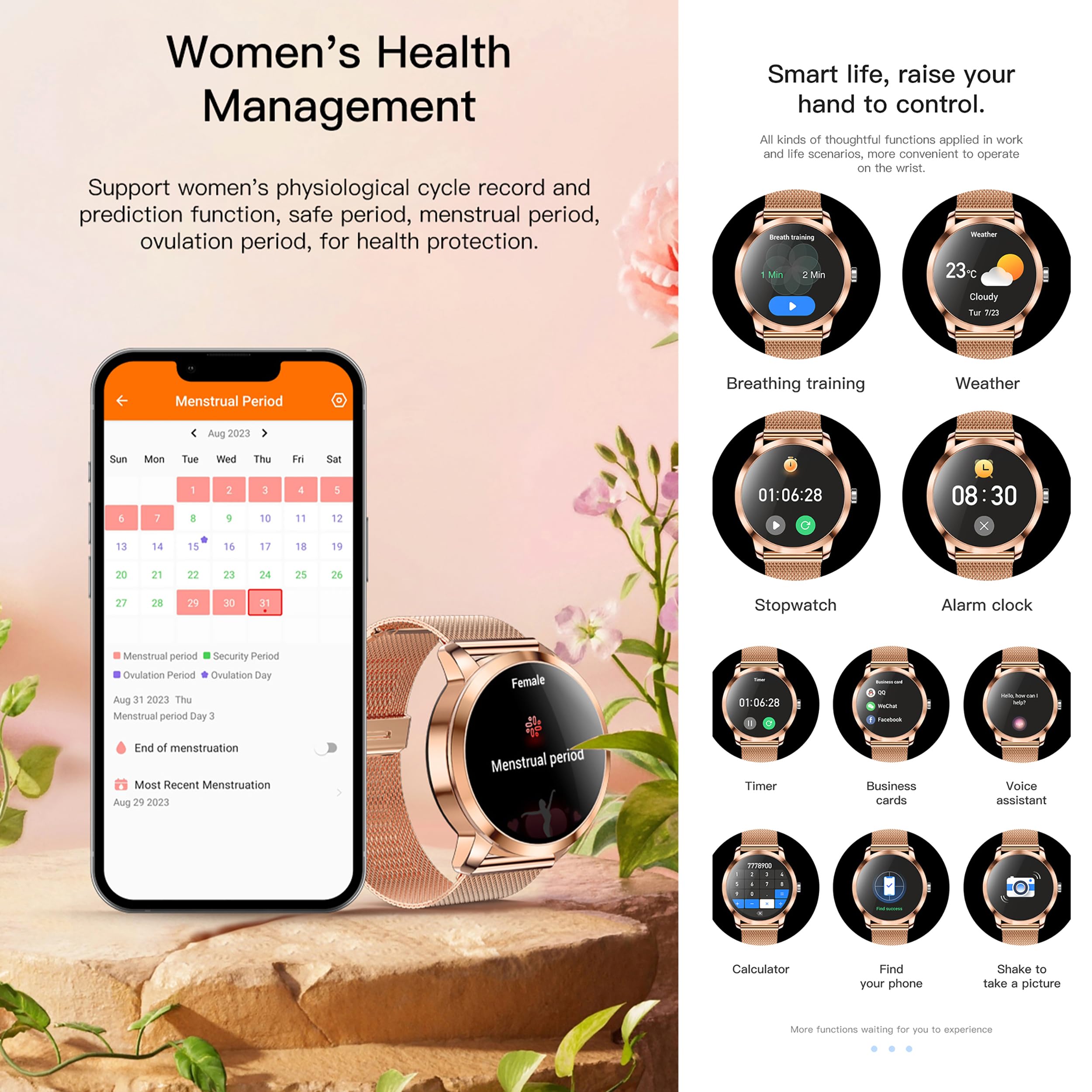 Reloj Inteligente para Mujer con Linterna de Llamadas Bluetooth, batería Grande, 1,27 Pulgadas, AMOLED 5 ATM, Reloj de Fitness con SpO2, medición de presión Arterial (Dorado)