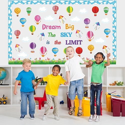 Miniatura 7 de Pajean Juego de 66 tablones de anuncios Dream Big The Sky is The Limit, globos aerostáticos, bordes de nubes, panales 3D, primer día de escuela,