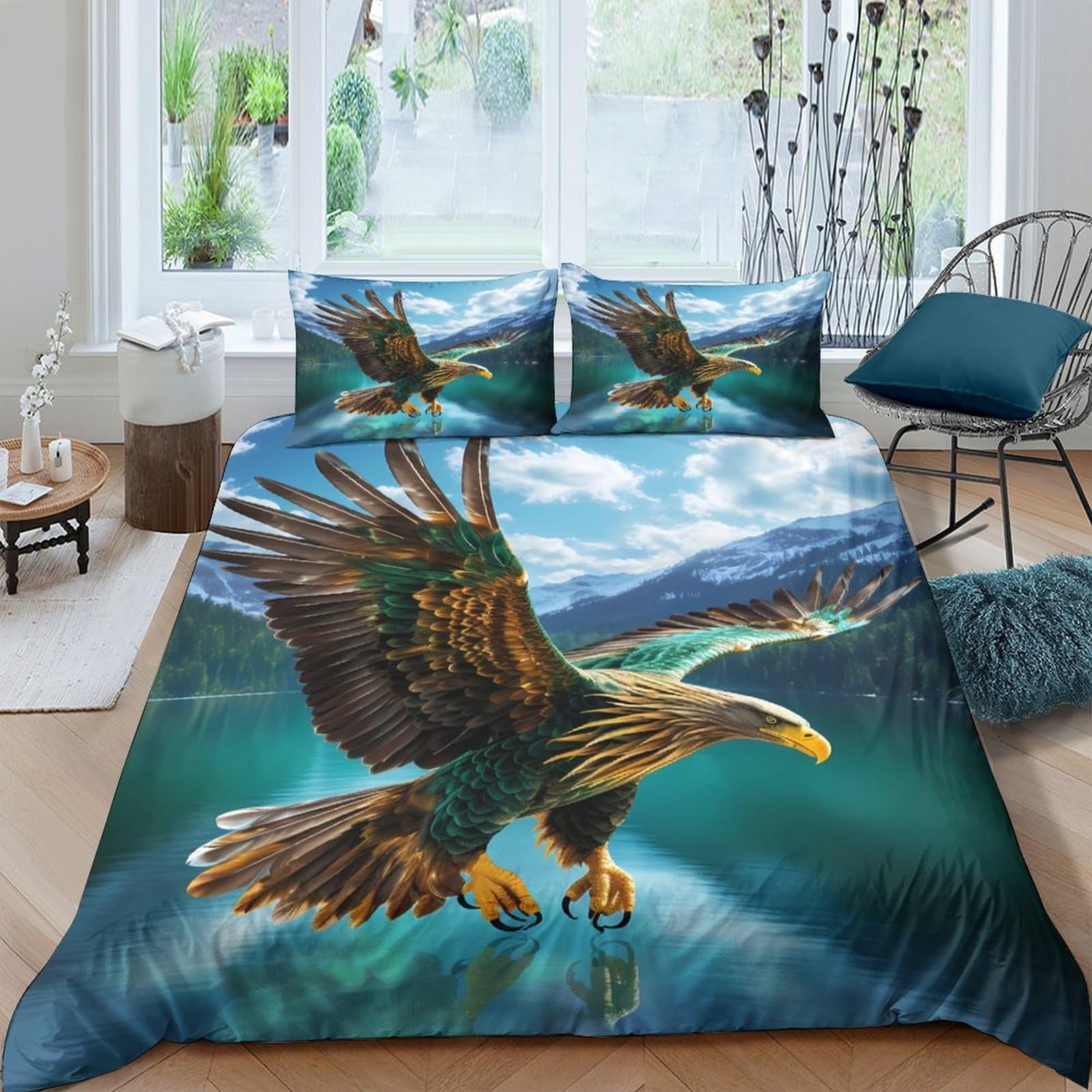 GPLZQXKJNH 3D Printed Eagle Mountain Duvet Cover Microfiber Soft Breathable Lake Quilt Cover Set with 2 Pillowcases for Bedroom Decor Single（135x200cm）