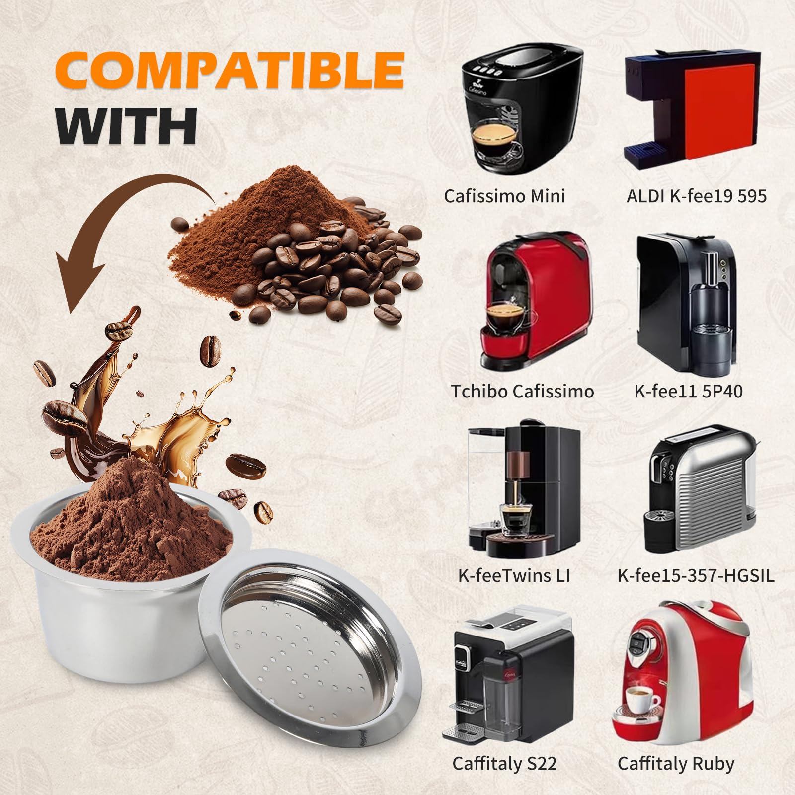 Capsules à expresso réutilisables en acier inoxydable avec cuillère à brosse