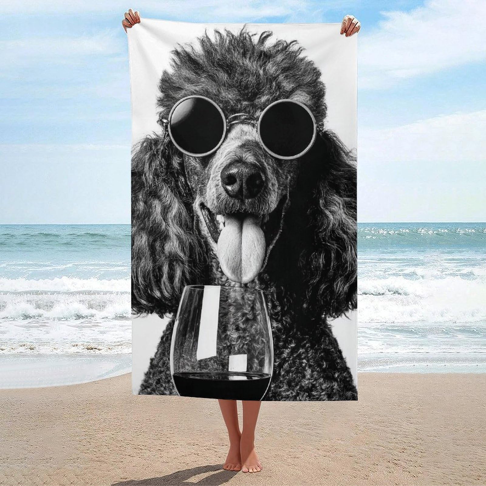 asbwuo Poodle Wearing Sunglasses Holding A Wine Glass Beach Towel