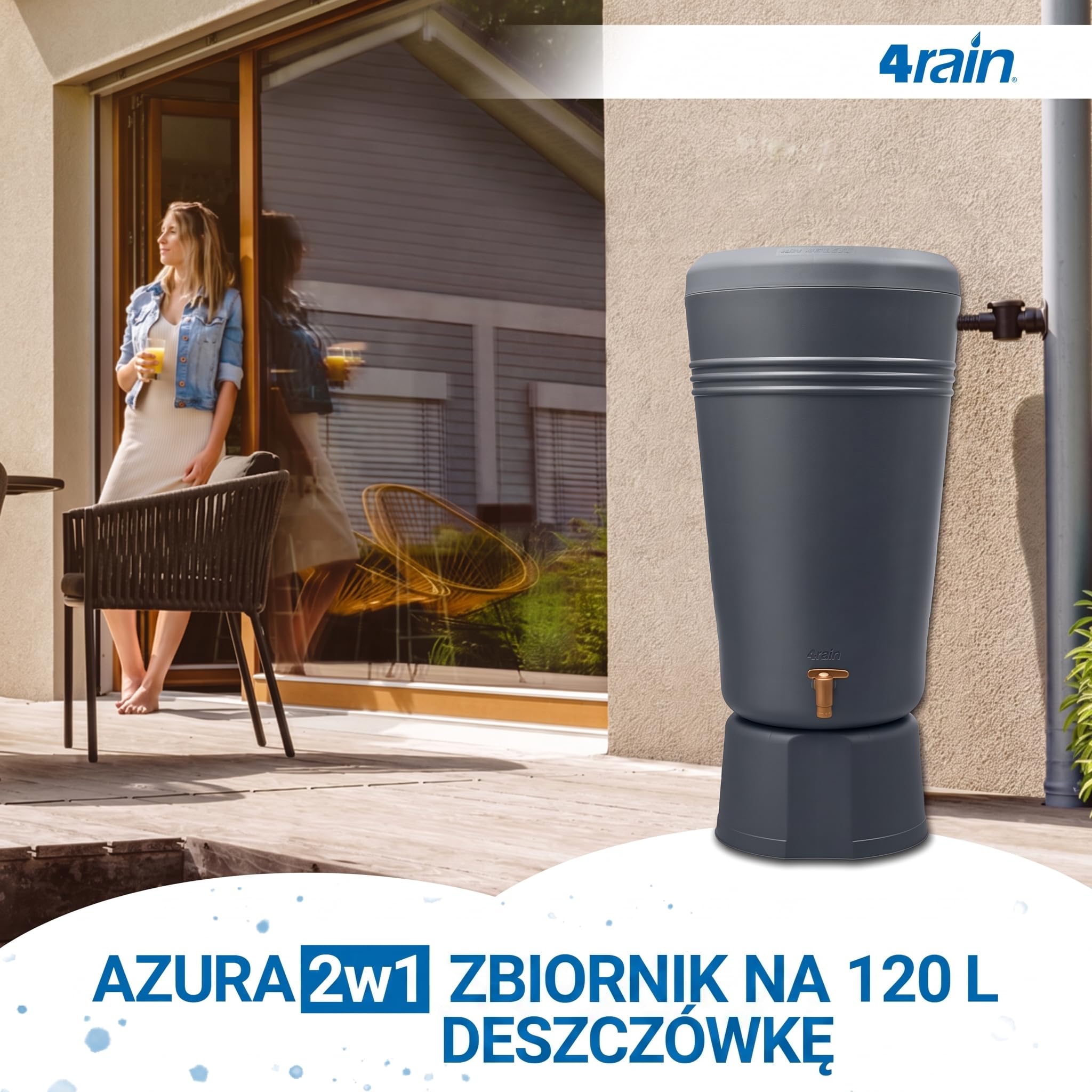 4rain AZURA 2w1 zbiornik na deszczówkę 120 l graphite grey | z misą na rośliny i podstawką