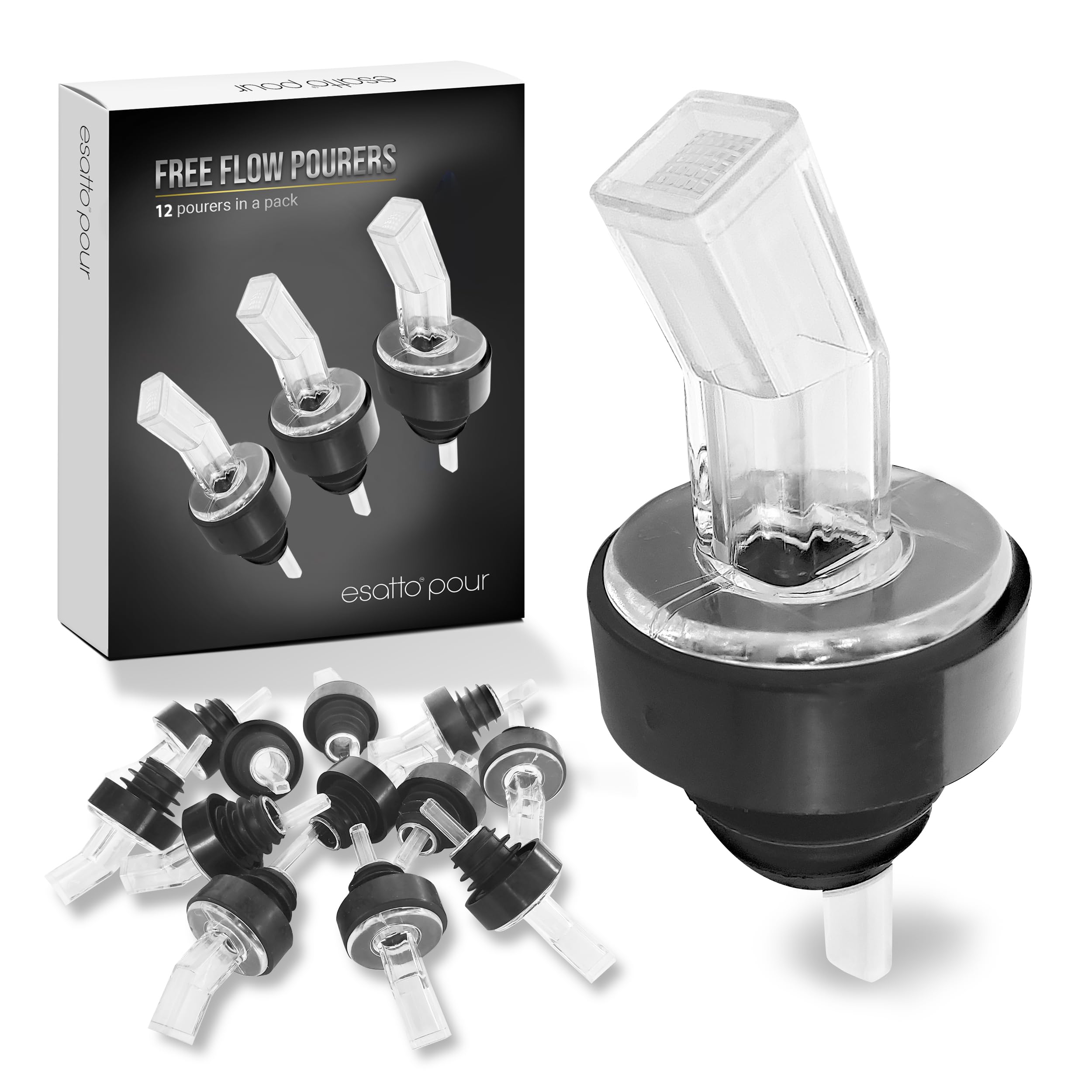 Esatto Pourer with Screen, 12 Pieces - Premium Quality Liquor Dispenser Pour Spouts with Built-in Filter for Smooth Pouring - Pour Spouts Ideal for Bartenders, Home Bars, and Parties