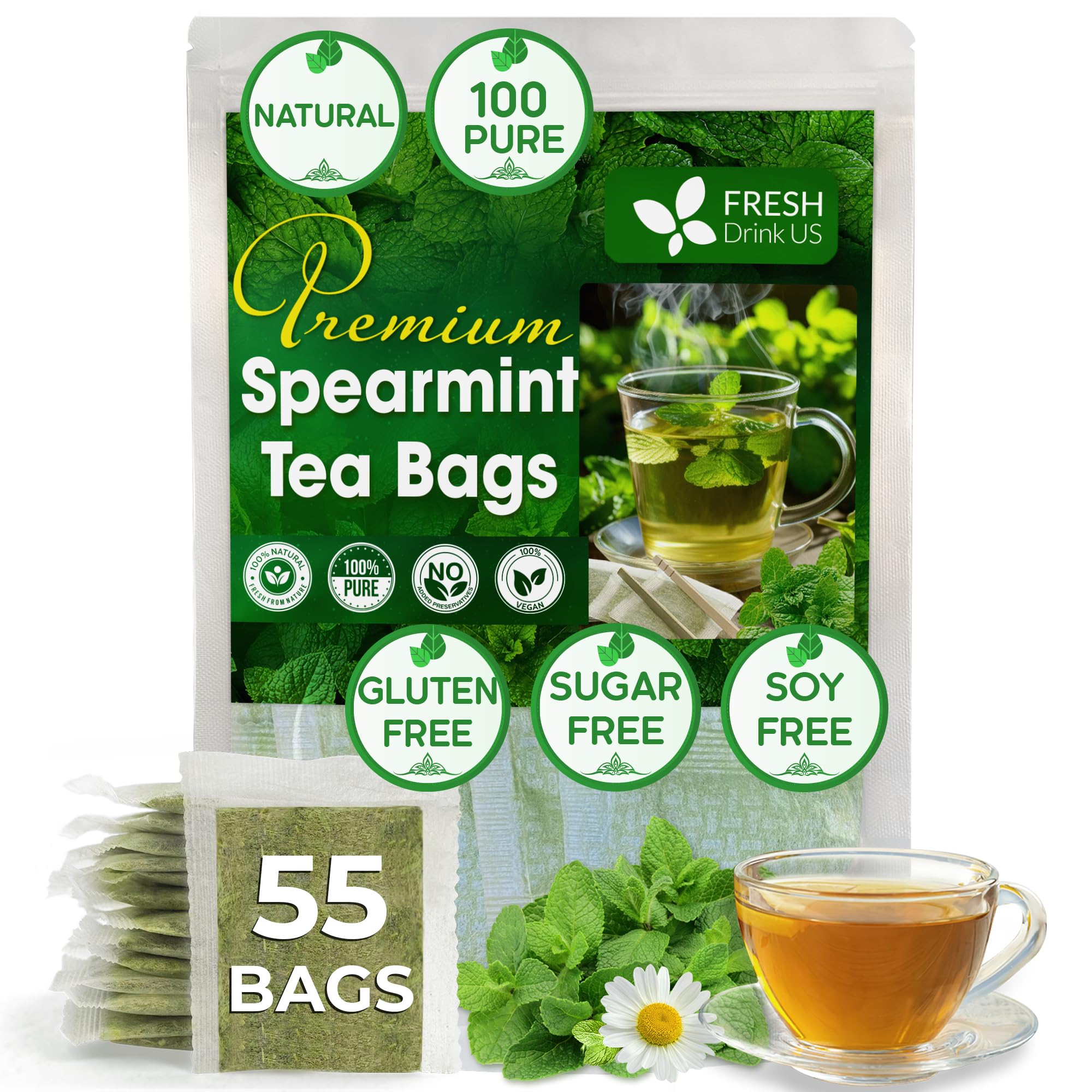 FreshDrinkUS, Premium 55 Spearmint Tea Bags, 100% Natural Spearmint Leaves. Loose Leaf Spearmint Herbal Tea. Spearmint Leaf Tea. No Sugar, No Caffeine, No Gluten, Vegan.