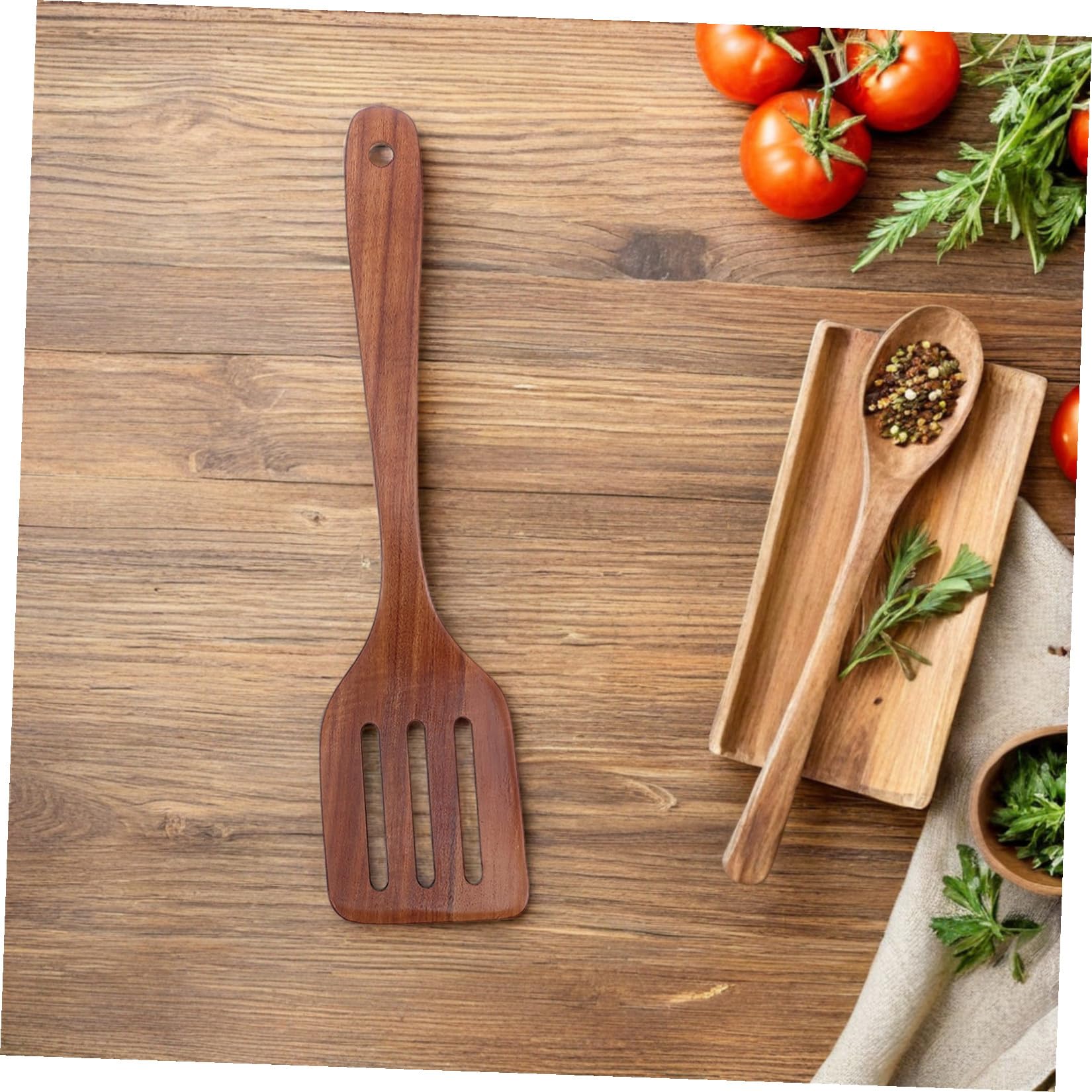 Alasum Set Utensili da Cucina in Legno Marrone, Cucchiaio da Cucina e Spatola per Mescolare, Protezione Antiaderente e Dosaggio Preciso, per Cucinare e Mescolare