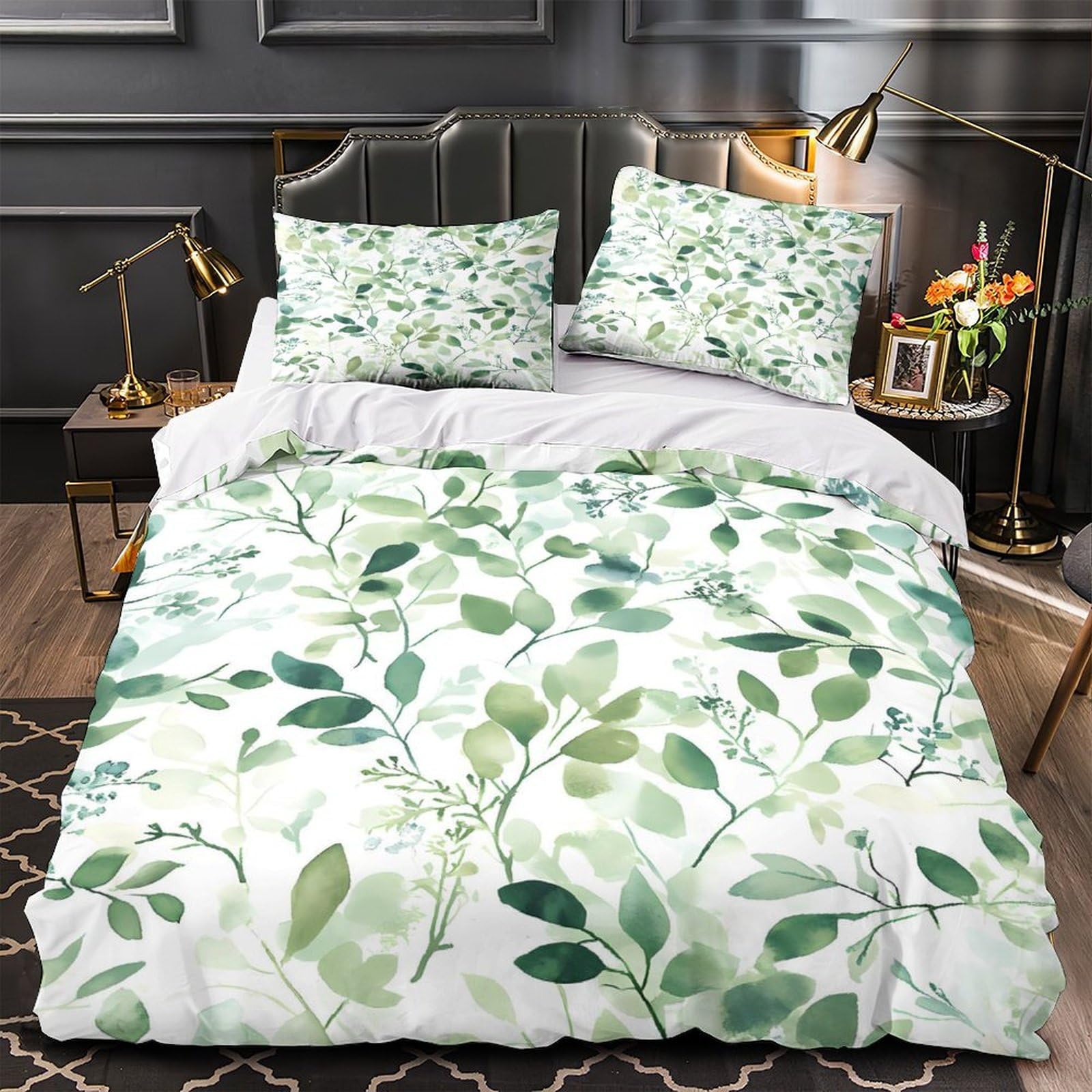 MMDASBVPE Green Leaves Quilt Cover 3D Print Easy Care 3 Pieces Bed Set Hidden Zipper Botanical Watercolor Comforter Cover Extra Soft Hypoallergenic for Adults Kids Teens Women Youth King（220x240cm）