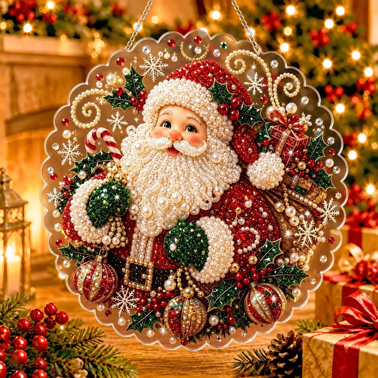 Christmas Pearl Diamond Painting Suncatcher Kit, DIY Acrylic Hanging Decor