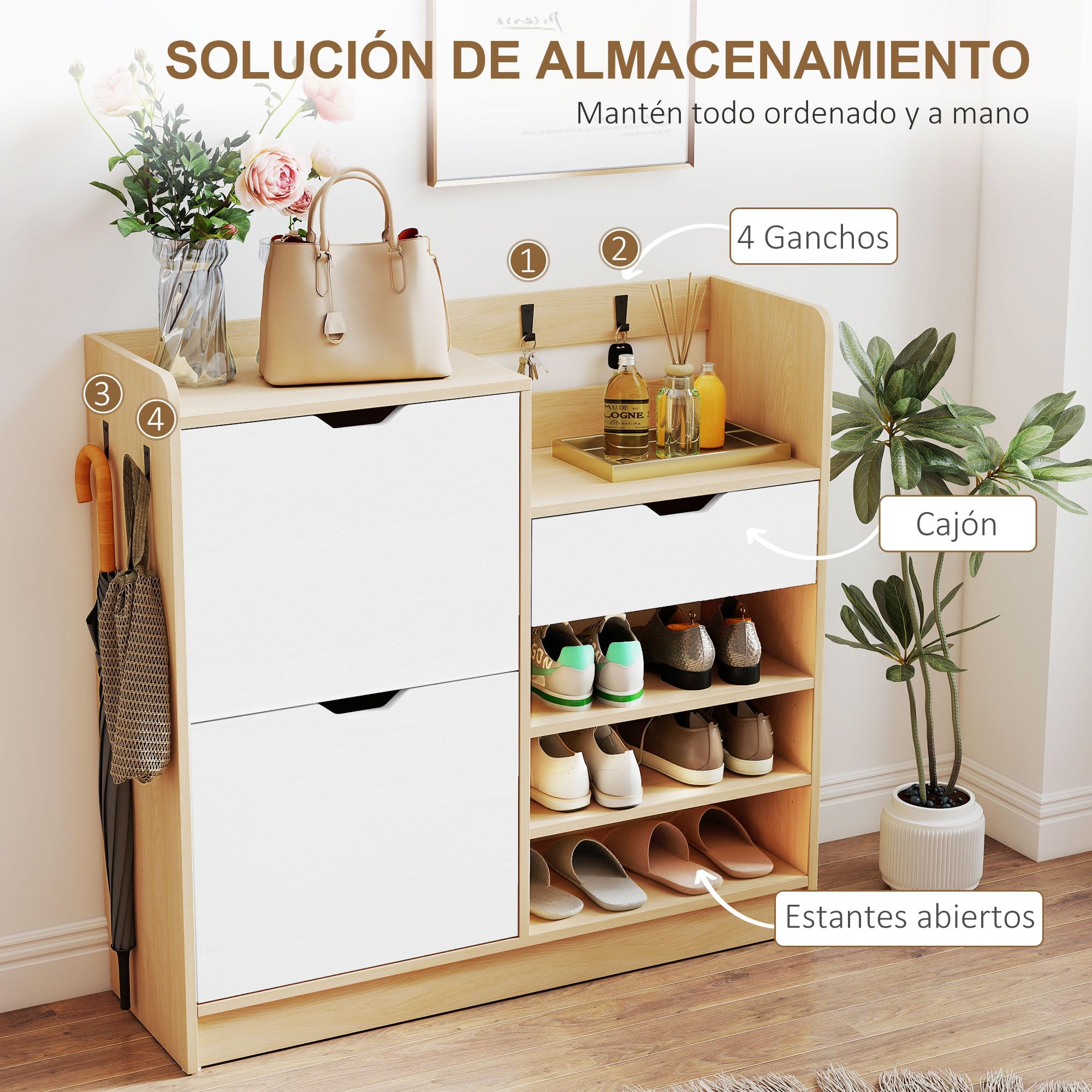 HOMCOM Zapatero Estrecho con 2 Puertas Cajón 93x30x90 cm Natural y Blanco | Zapatero Entrada Recibidor con Estantes Ajustables, Estantes Abiertos, 4 Ganchos, para 14 Pares de Zapatos