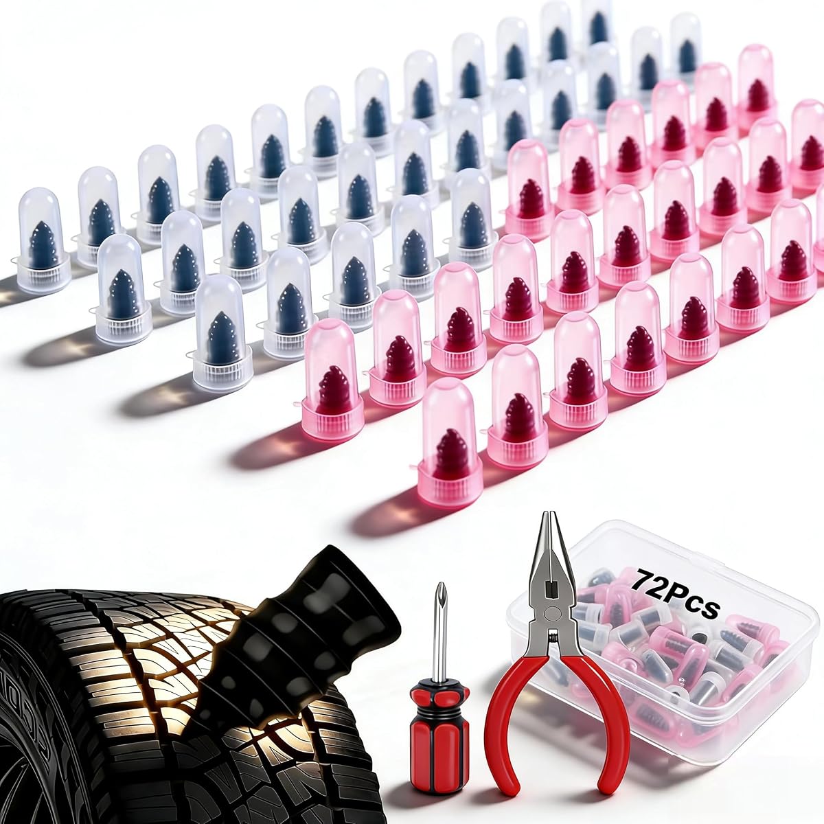 72Pcs Tire Plug Kit, Tire Repair Screws Flat Tire Repair Kit | Self Sealing Tire Screws, Screw in Tire Repair Plugs, Tire Screw Plugs, Flat Tire Plugs Fix Kit for Car Truck Motorcycle