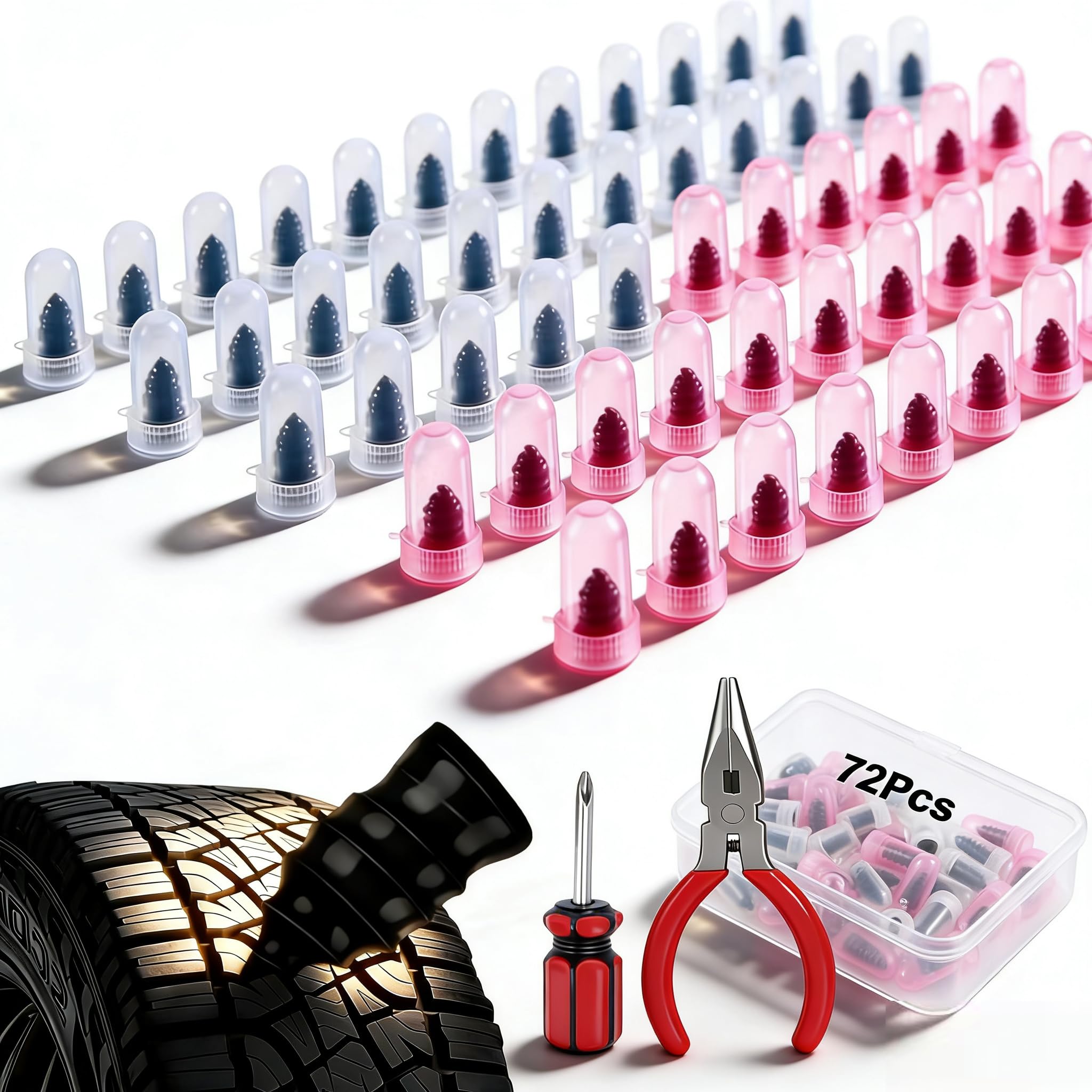 72Pcs Screw in Tire Plugs Kit Tire Repair Rubber Nail Kit Tire Repair Kit Tire Plugs Screw Type Flat Tire Screw Plugs Repair Kit Self Sealing Tire Repair Screws Quick Fix with Screw Tire Plugs Kit
