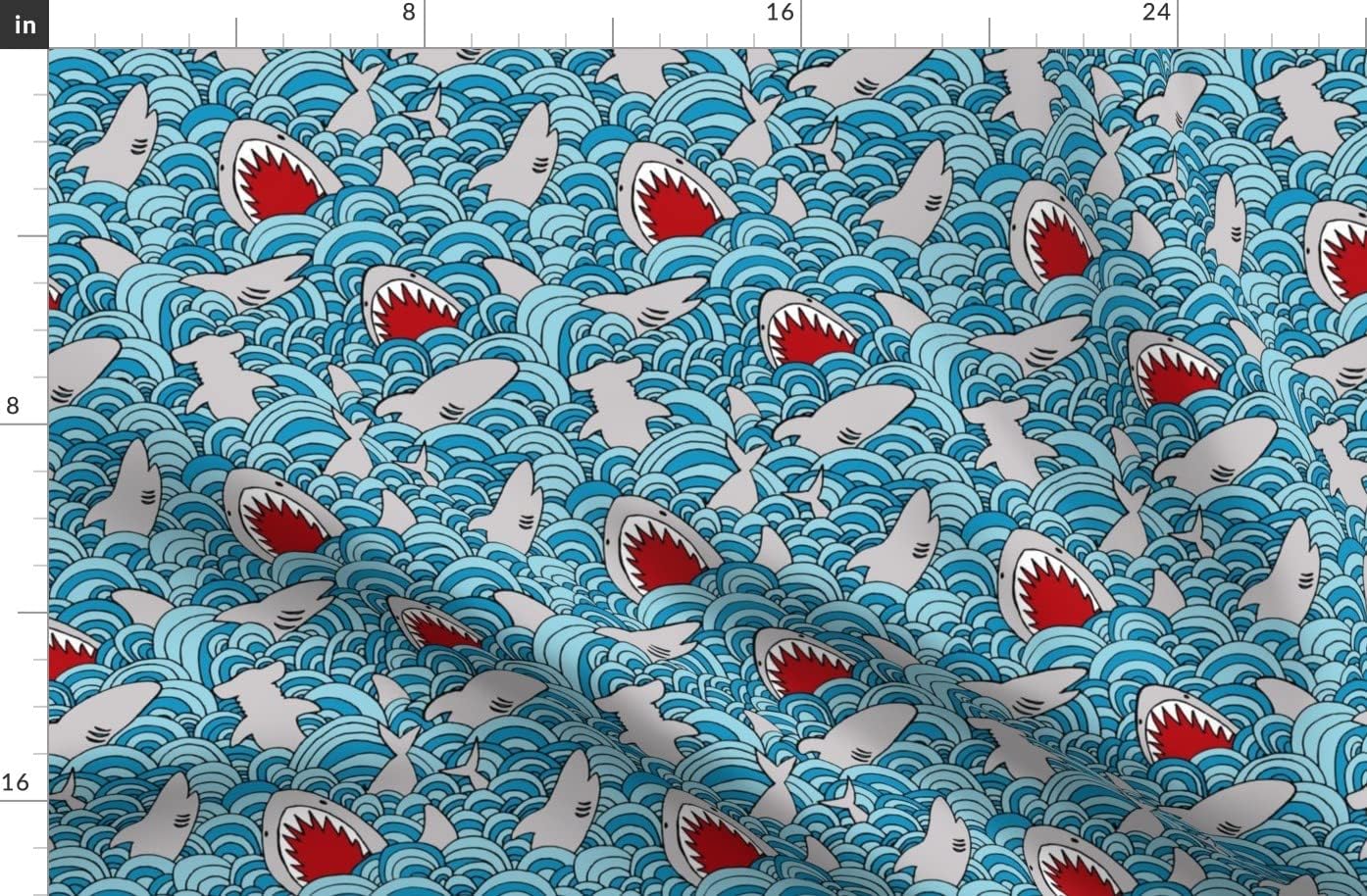 Spoonflower Fabric - Shark Sharks Japan Waves Fish Wave Nursery Decor Beach Printed on Organic Cotton Sateen Fabric by The Yard - Sewing Quilting Apparel Home Decor