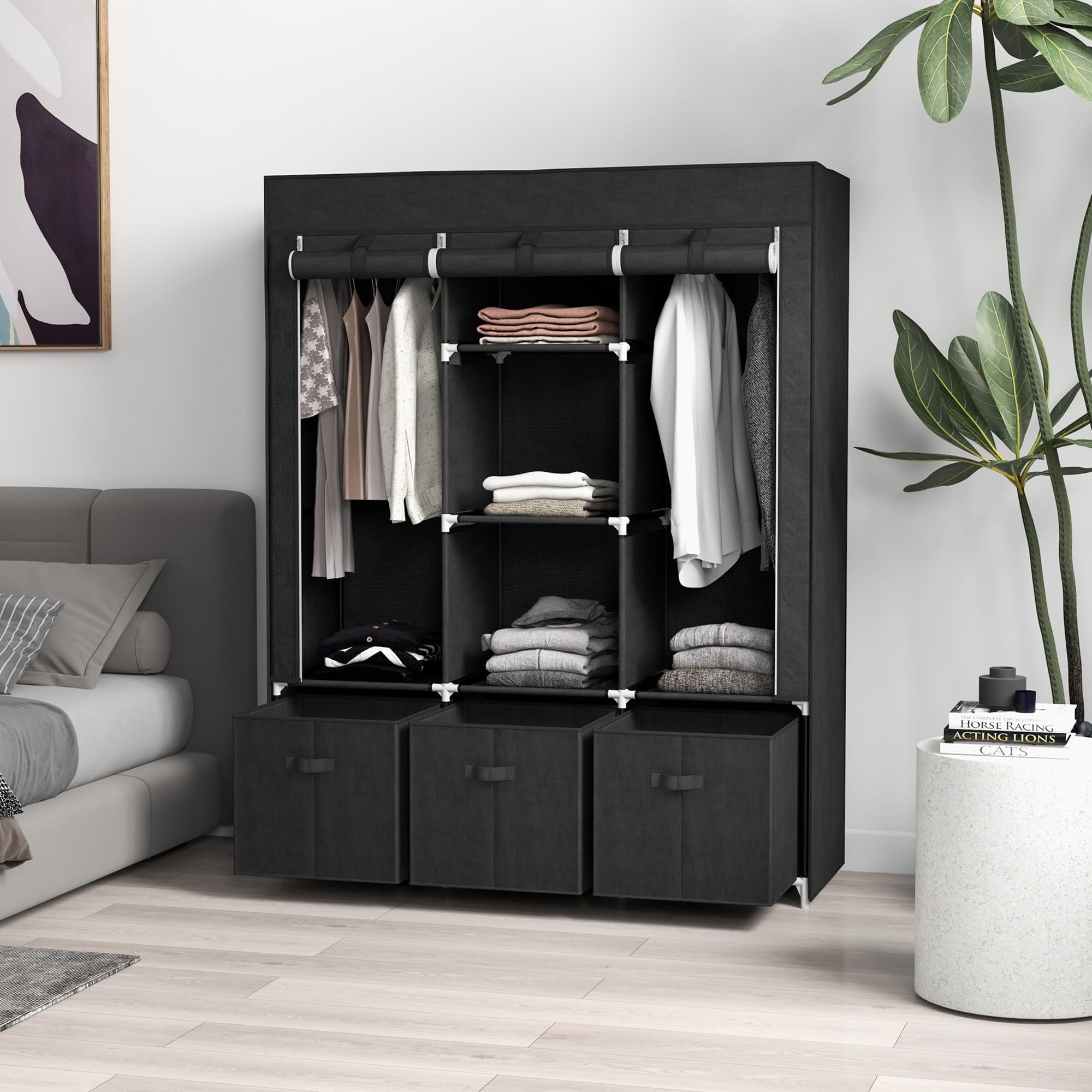 HOMCOM Armadio in Tessuto Salvaspazio, Guardaroba Pieghevole con Ripiani e Cassetti, Ante Avvolgibili con Zip, 125x43x162.5cm, Nero
