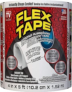 Flex Tape - Super Strong Waterproof Tape Works Underwater; Patch & Seal Indoor & Outdoor Projects; Instantly Stop Leaks with its Flexible, Thick Rubberized Adhesive Backing; Great for Home Repairs, Plumbing, Outdoor Gear, Marine & Water Sports, DIY Projects, Automotive Fixes, & More, WHITE, 4 in x 5 ft (10.2 cm x 1.52 m)