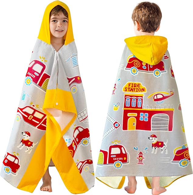 VOOVA & MOVAS Kids Beach Towels with Hood for Boys | Soft Thick Absorbent Cotton (30X50 inches) Beach | Pool | Bath Towels, Boys Ages 3-10,Perfect Birthday Easter Gift for Toddler, Yellow Fire Truck
