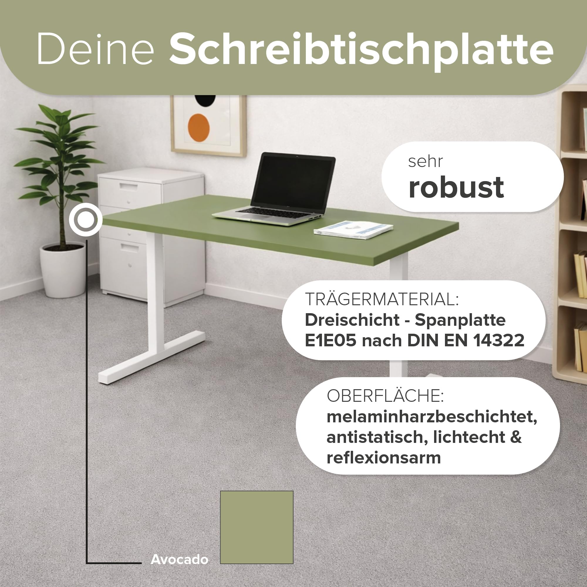 REISS Tischplatte mit Nullfugen-Technologie für Schreibtisch & Homeoffice - Made IN Germany - Robuste Schreibtischplatte - Pflegeleicht & stabil - PEFC-Zertifiziert - (200x90 cm) - (Avocado)