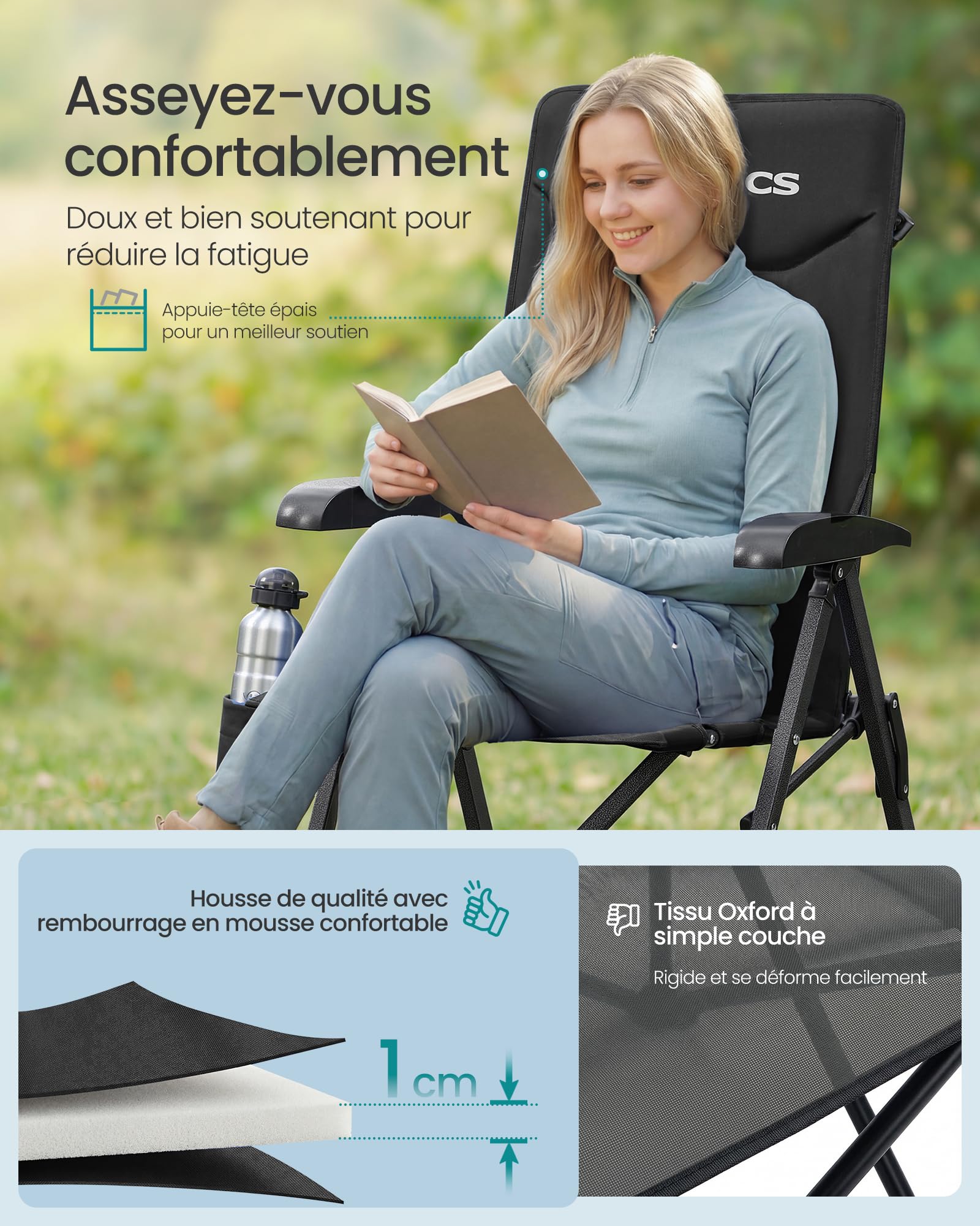 SONGMICS Chaise Pliante Camping, Dossier Inclinable 95°–150°, Fauteuil Camping, Dossier Haut Réglable, Porte‑Gobelet Pivotant, Sac de Transport avec Sangle, pour Jardin, Pêche, Noir GCB015BZ01