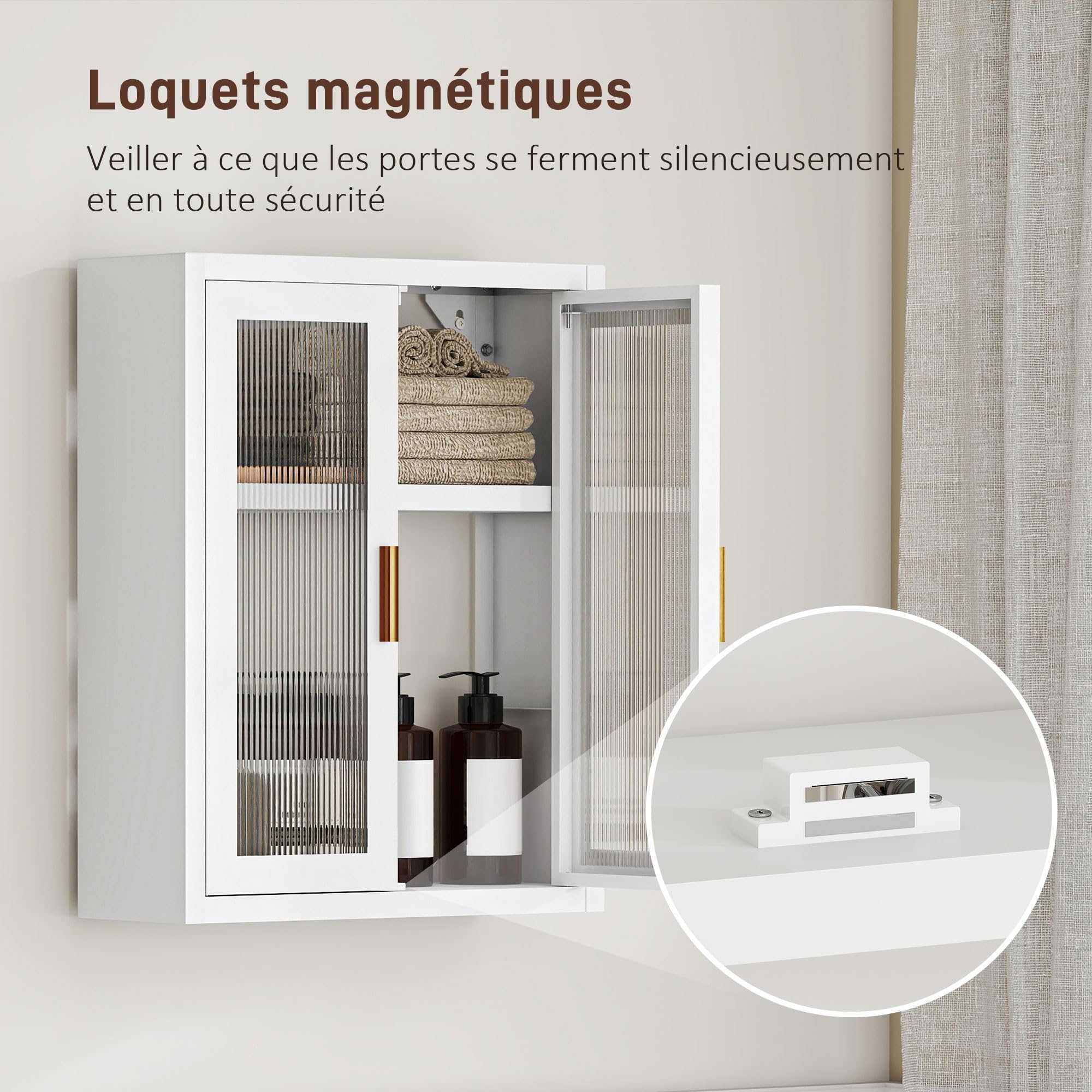 HOMCOM Armoire Murale de Salle de Bain métale, 40 x 14 x 50 cm, Meuble de Rangement Suspendu avec 2 Portes cannelées en Acrylique et étagère réglable, Métal, Blanc