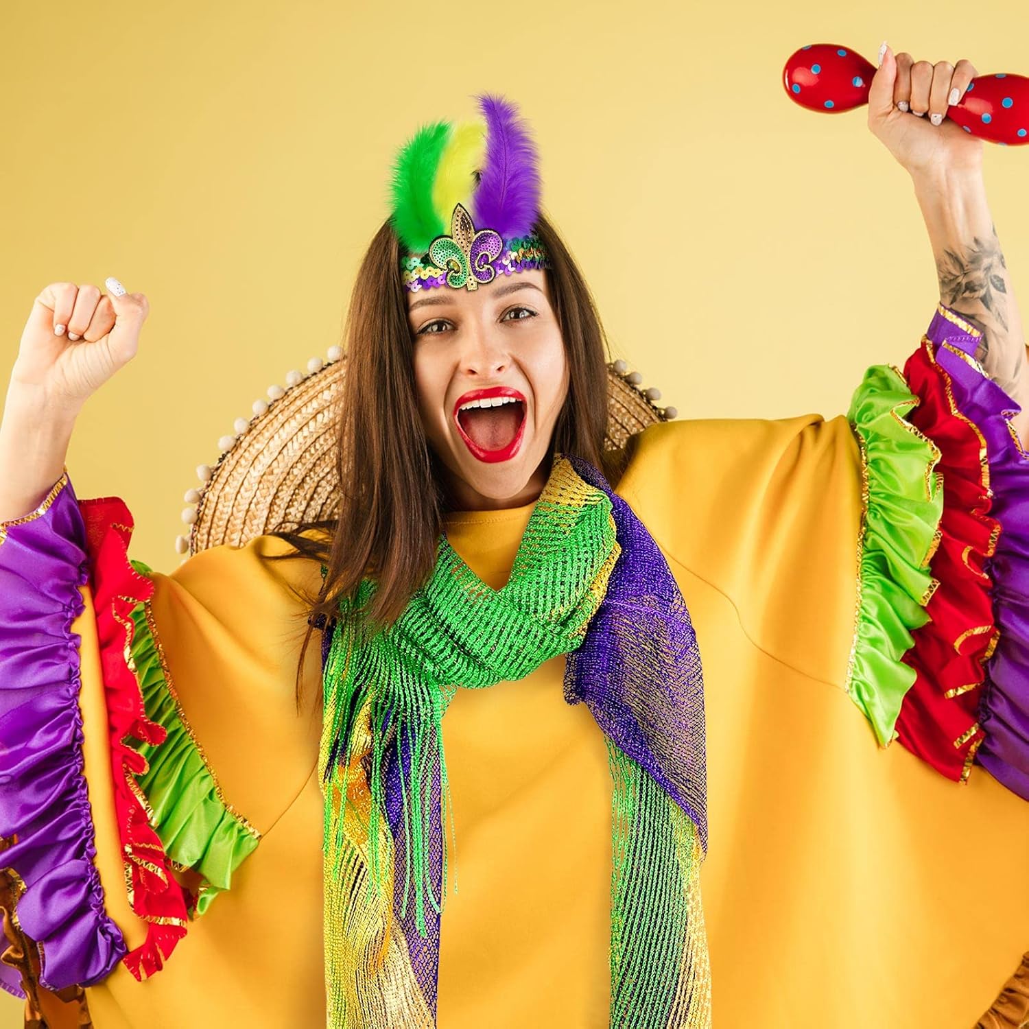 Bencailor 2 Pcs Mardi Gras Shawls Wraps Feather Headband Set Women's Long Poncho Cape Mardi Gras Yellow Green Purple Headwear and Cape(Vibrant) - Image 4