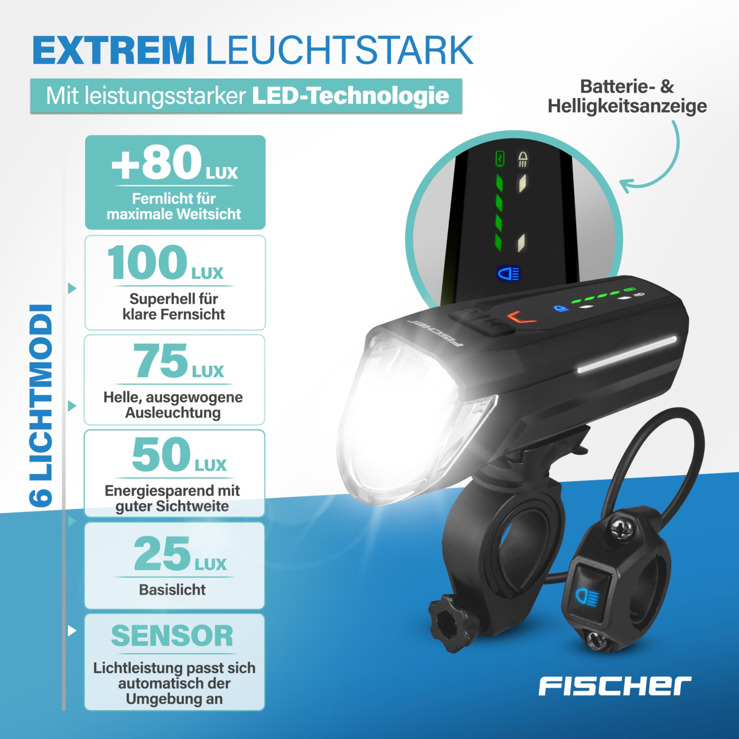 Fischer Fahrrad LED-Akku Beleuchtungs-Set Twin Stop 100 Lux, mit Sensormodus, Lange Leuchtdauer, stabiles Aluminium-Gehäuse, schwarz, 1 Stück