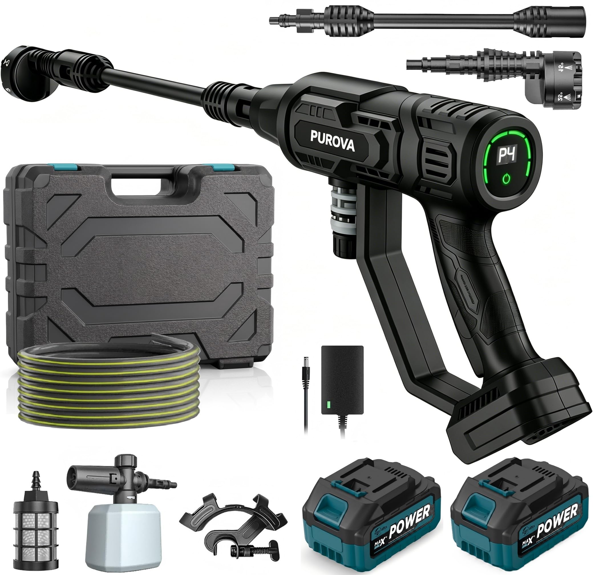 Hidrolimpiadora Inalámbrica 125 Bar, Motor Sin Escobillas 1500W con Pantalla LCD Táctil y 4 Niveles de Presión, 2 Baterías 4.0Ah (600 L/h), Boquilla 6 en 1, para Coche y Jardín