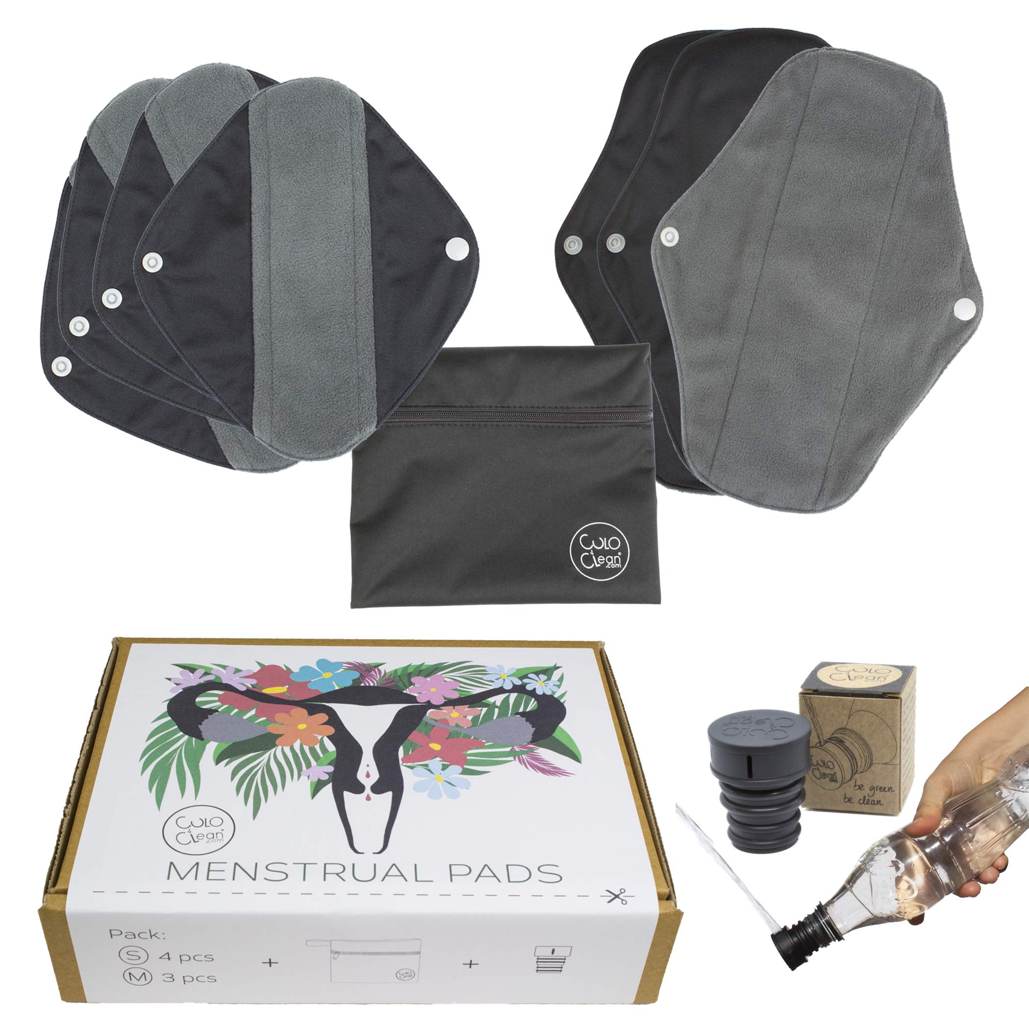 CuloClean Reusable Sanitary Pads. Bamboo Charcoal Menstrual Towels for Women. Includes Wet Bag and Portable Bidet. (4 Small + 3 Medium, 7, Count)