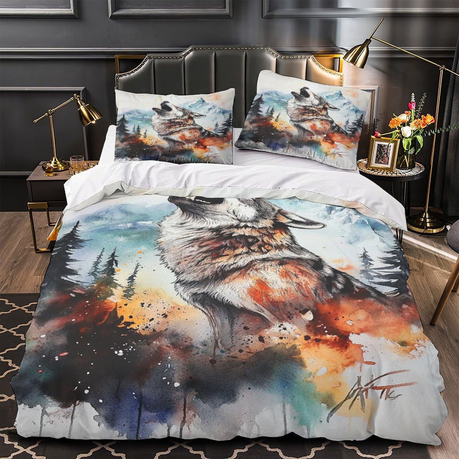 Housse de couette loup 260x220 sans repassage parure lit microfibre douce pour literie ado et enfant