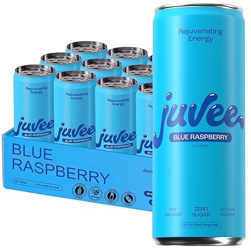 Juvee Rejuvenating Energy Drink – Variety Pack, 12 oz Cans (12-Pack) • Sugar Free, 5 Calories, 128mg Caffeine • Taurine, Vitamin B12 & B6 • L-Theanine for Mood, Panax Ginseng for Focus, Vitamin C for Immune Support • Gluten Free - Blue Raspberry