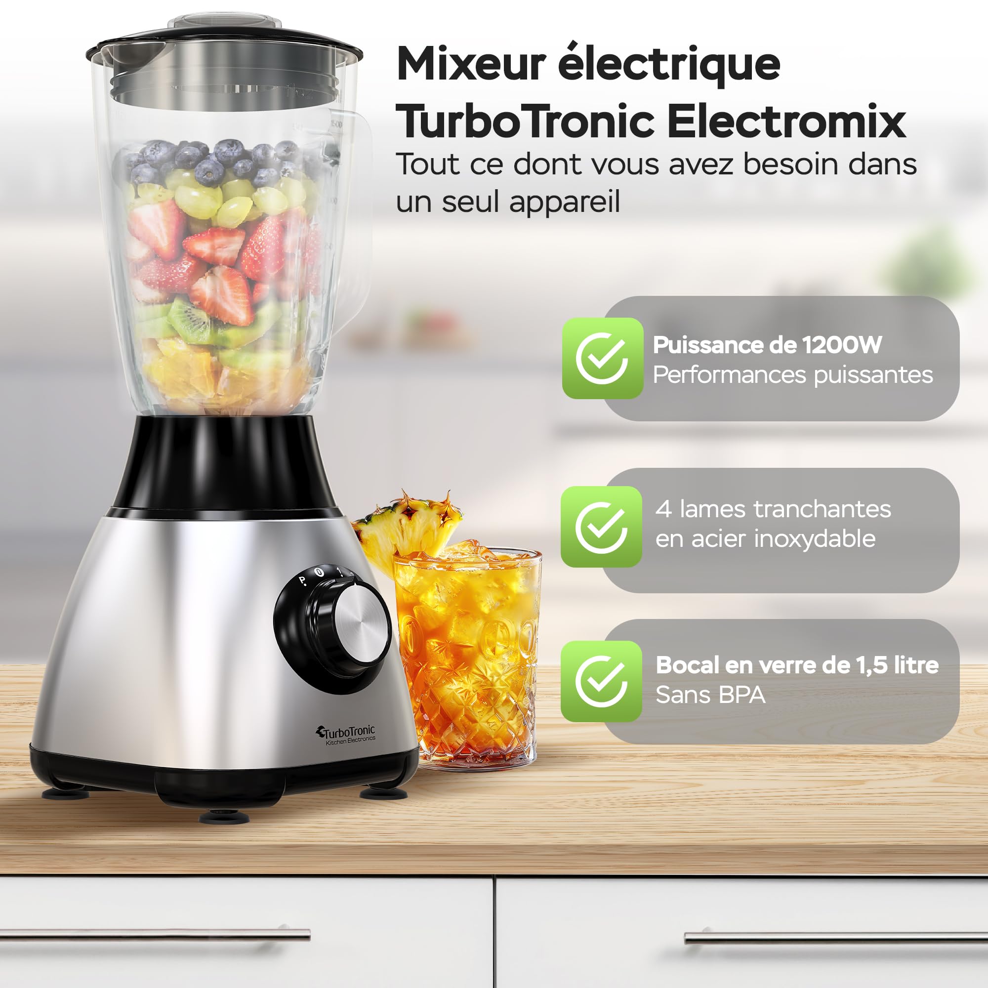 TurboTronic Mixeur 1200W, Blender avec bol en verre 1,5L, Fonction glace pilée – Sans BPA, Acier inoxydable – Smoothies, milkshakes et sauces