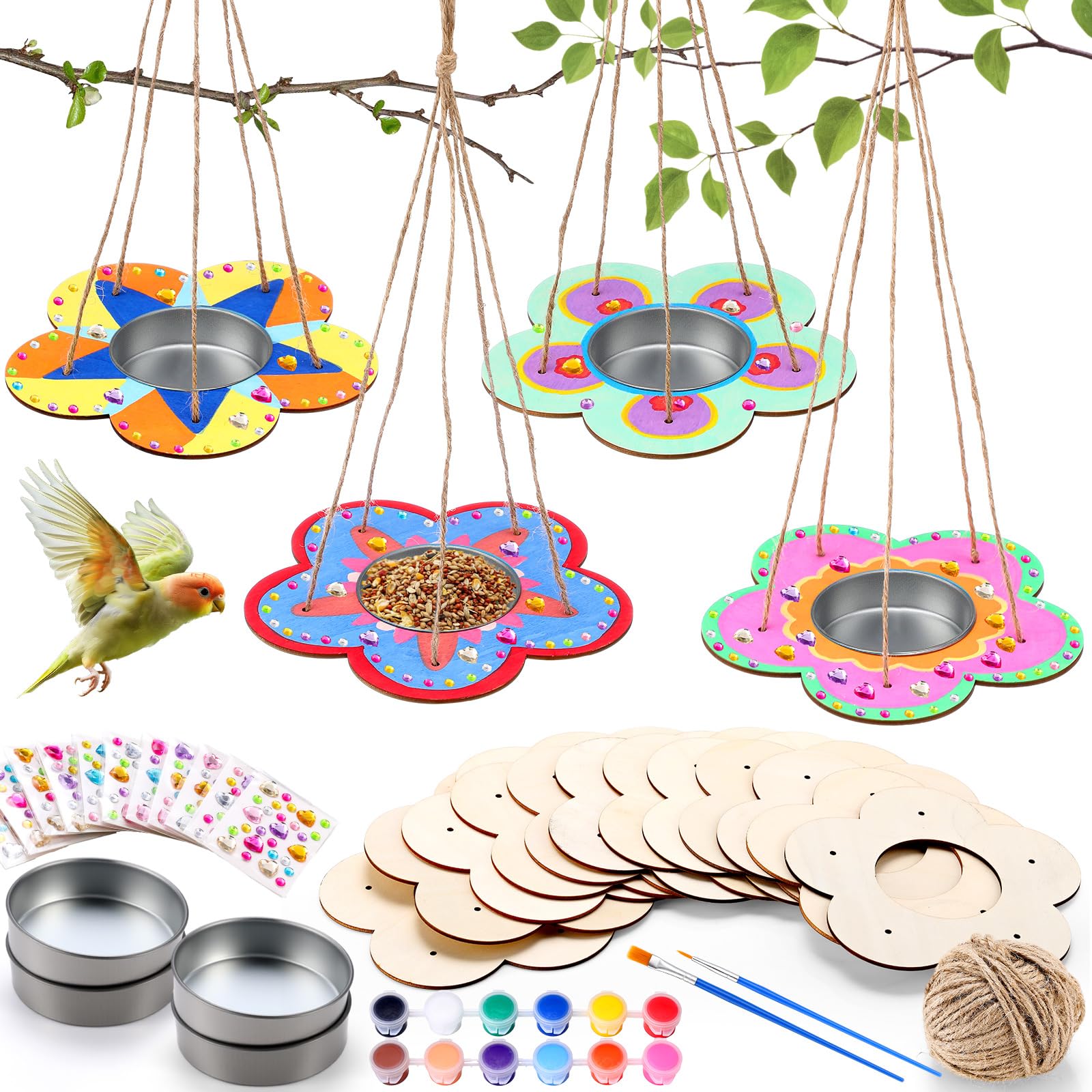 CroBlissful 12 Pack Bird Feeder Craft Kits for Kids DIY Your Own Bird Feeders with Paint and Paintbrushes Wooden Arts and Crafts for Kid Ornaments to Paint Feeders Craft for Garden Outdoor Activities