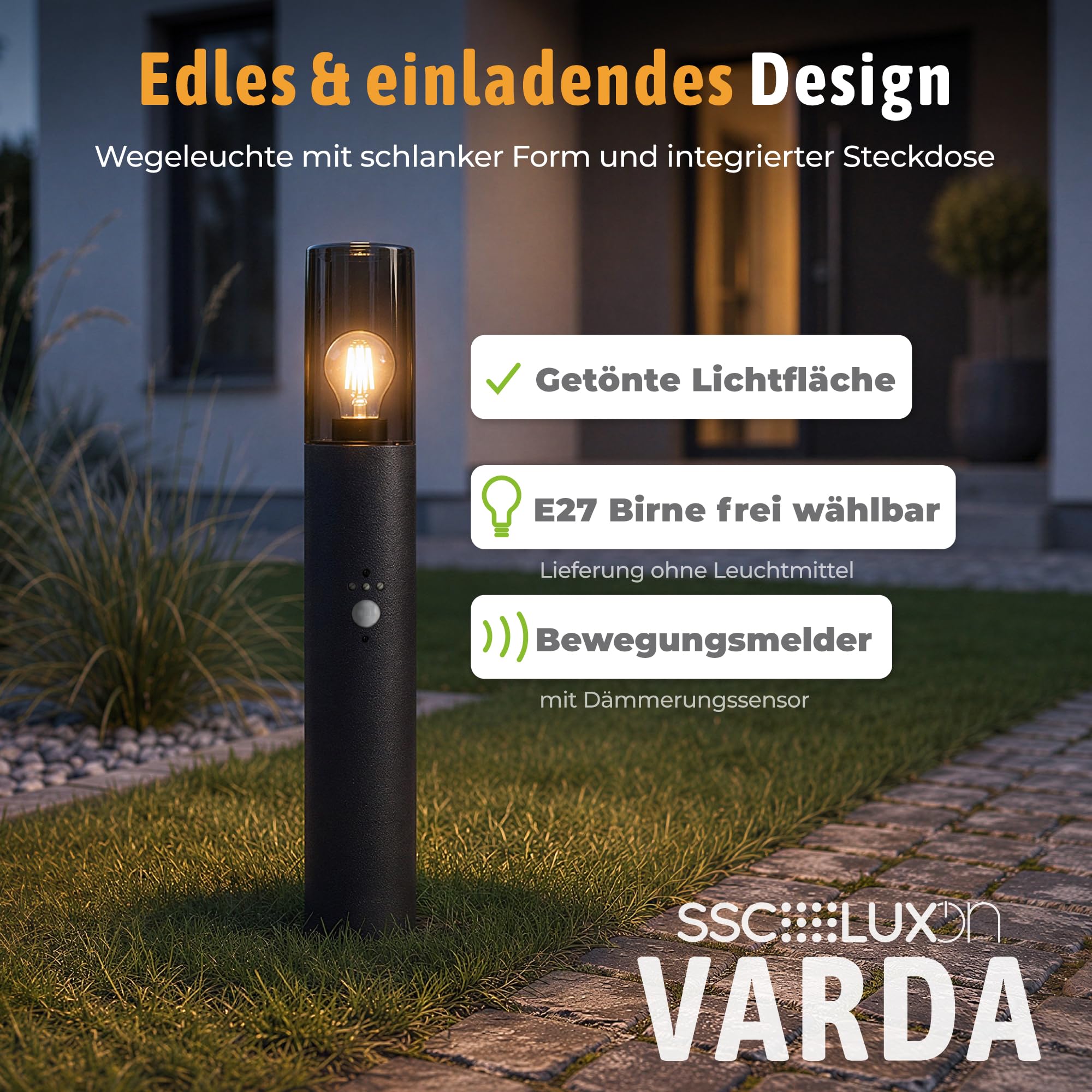 SSC-LUXon 2x VARDA Pollerleuchte mit Bewegungsmelder Höhe 50cm für E27 | Standleuchten mit Bewegungsmelder & Dämmerungssensor - für E27 (Lieferung ohne Birne), reihenschaltbar, IP44 wetterfest