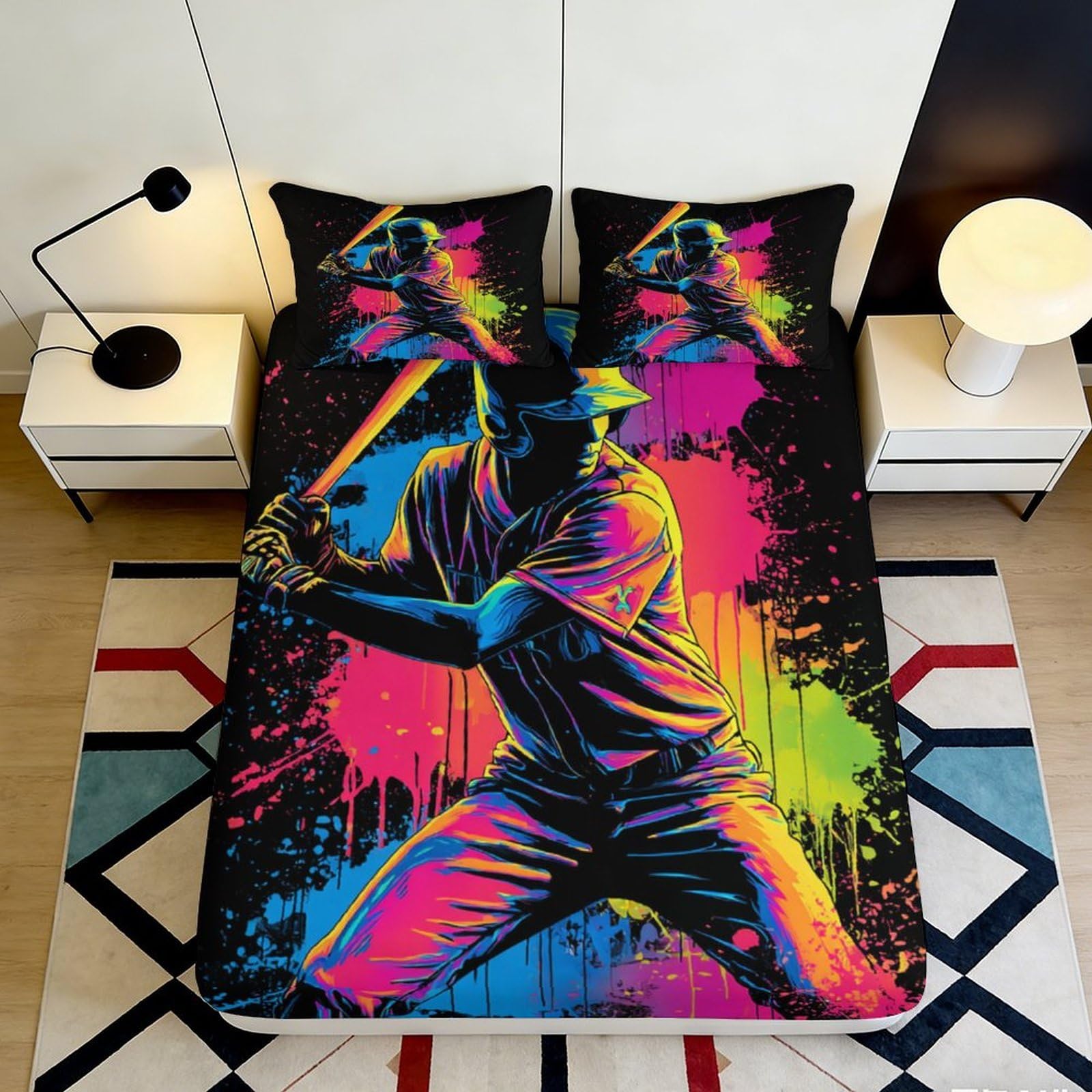 3D Printed Neon Baseball Fitted Sheet Microfiber Soft Breathable Graffiti Batter Mattress Cover for Bedroom Dorm Decor 140x200x25cm